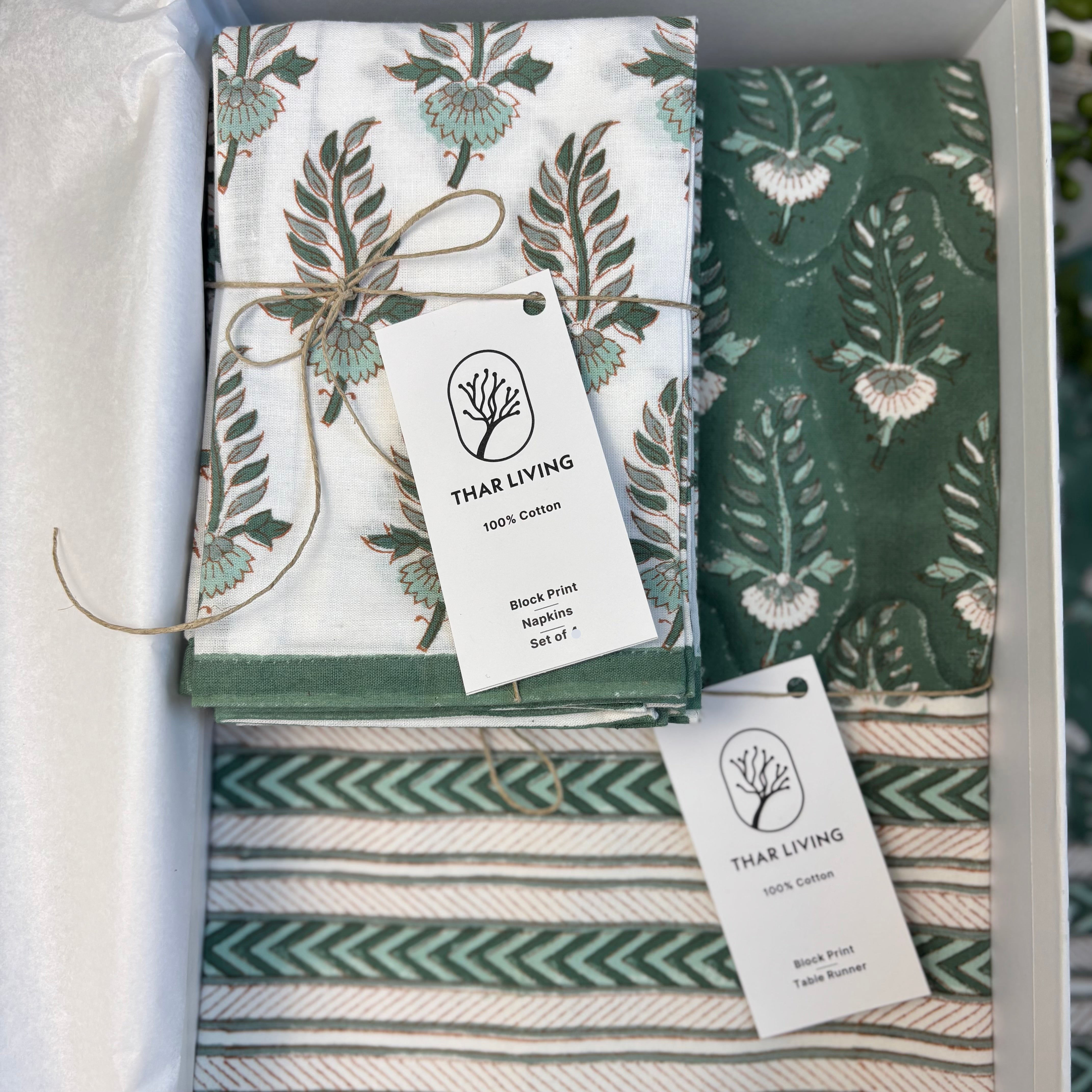 Noor Table Runner & 4 Napkin Set – Green | Hand Block Printed Artisan Table Linen Under $75