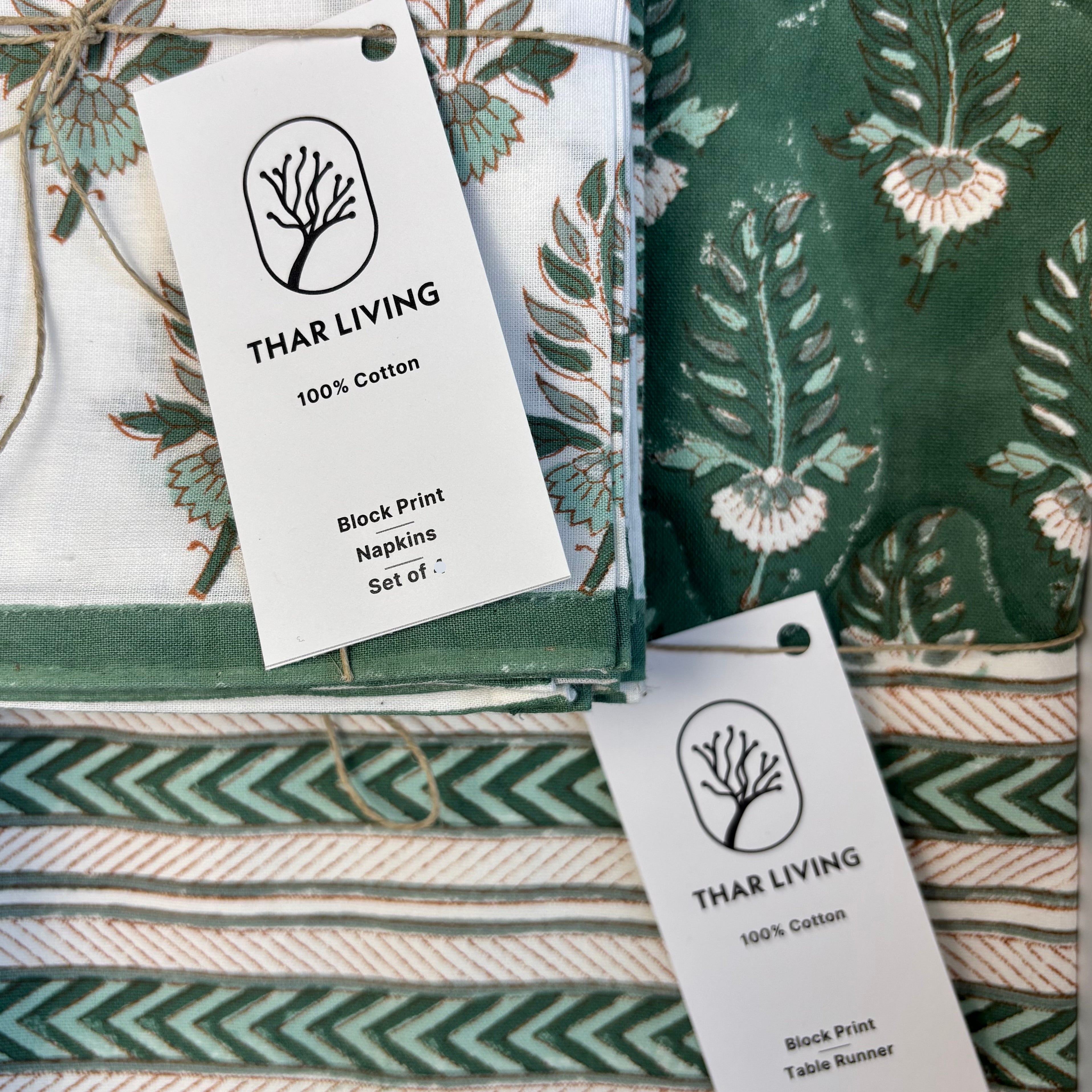 Noor Table Runner & 4 Napkin Set – Green | Hand Block Printed Artisan Table Linen Under $75