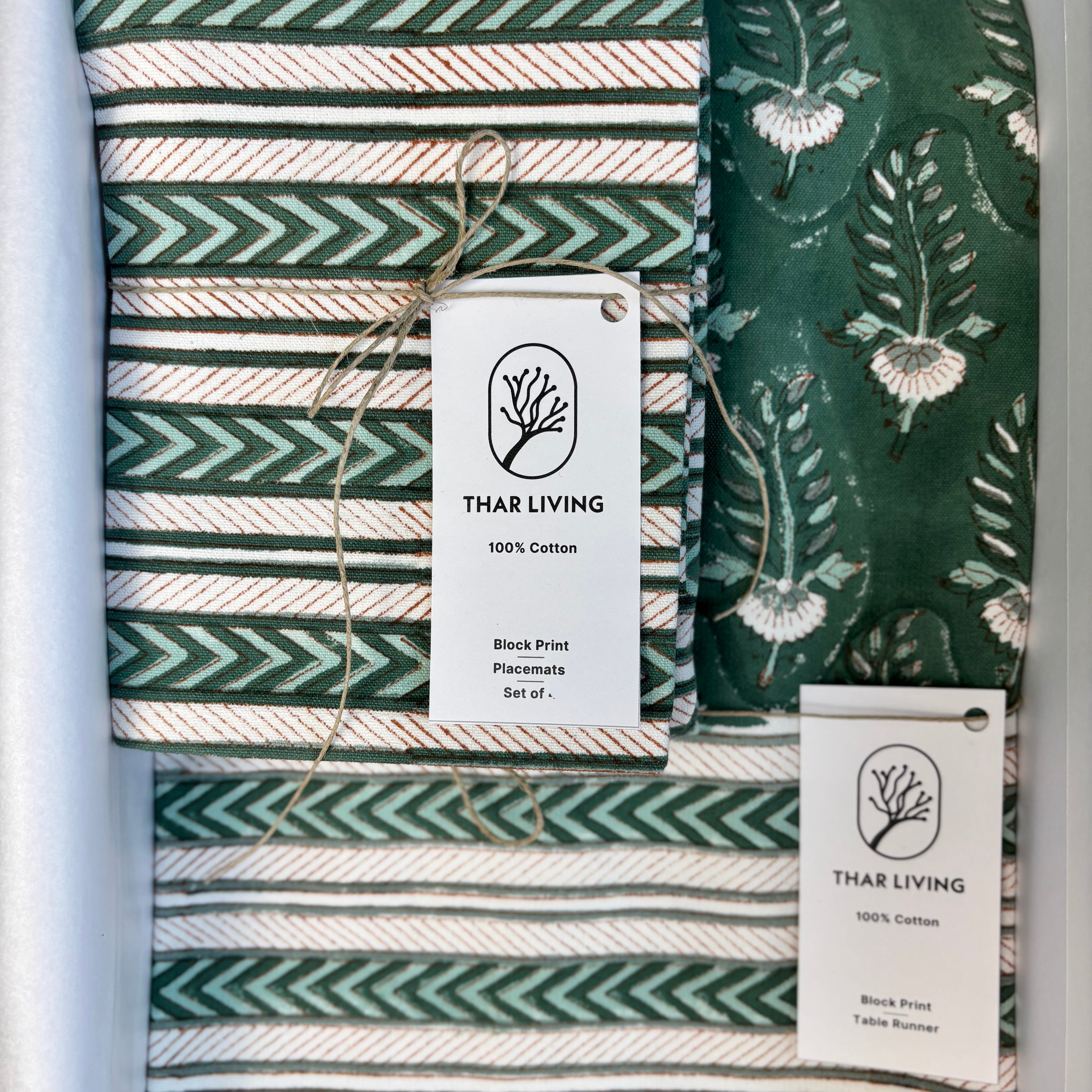 Noor Table Runner & 4 Placemats Set – Green | Hand Block Printed Artisan Table Linen Under $75