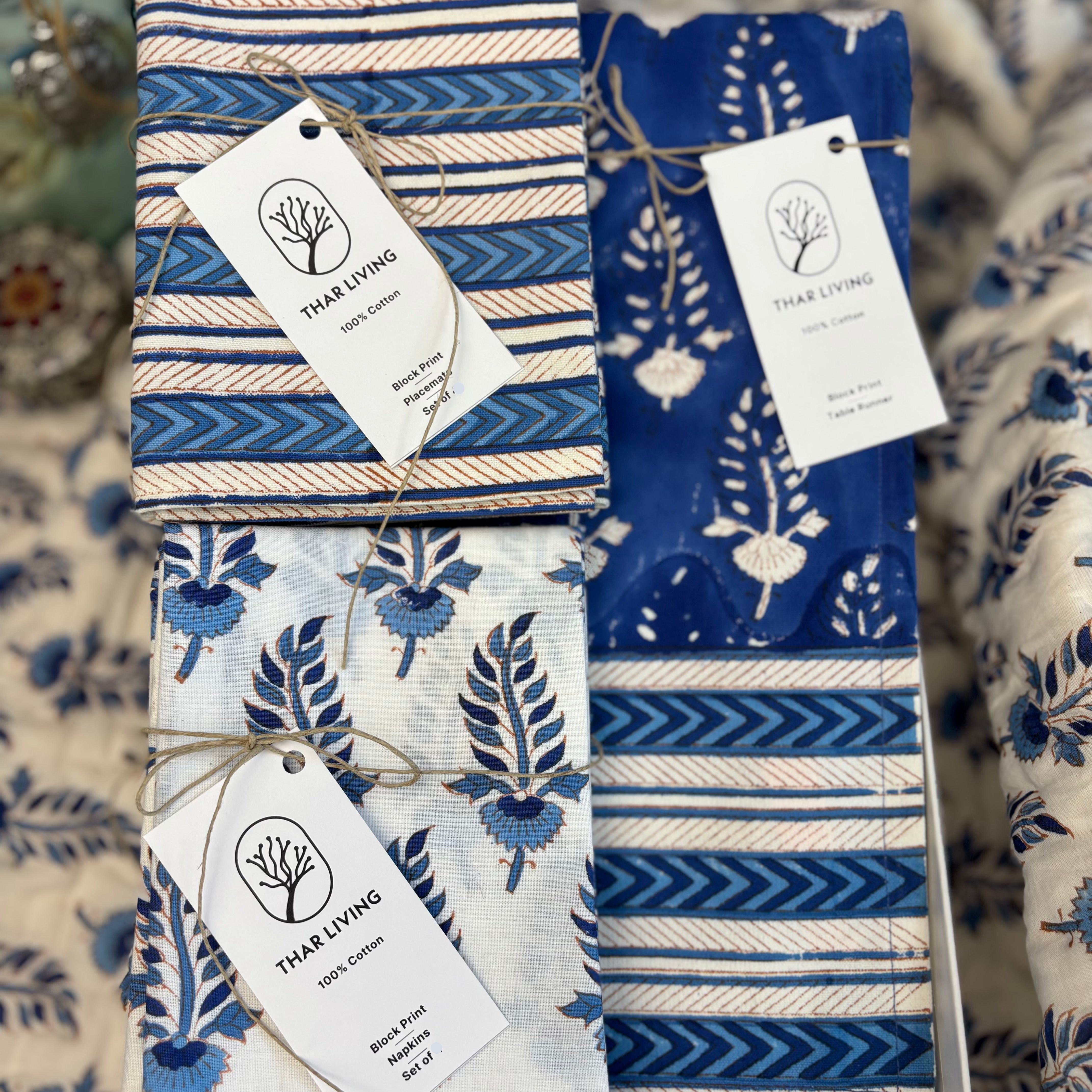 Noor Table Linen Gift Set – Blue | Hand Block Printed Runner, 4 Mats & 4 Napkins | Artisan Holiday Gift Under $120