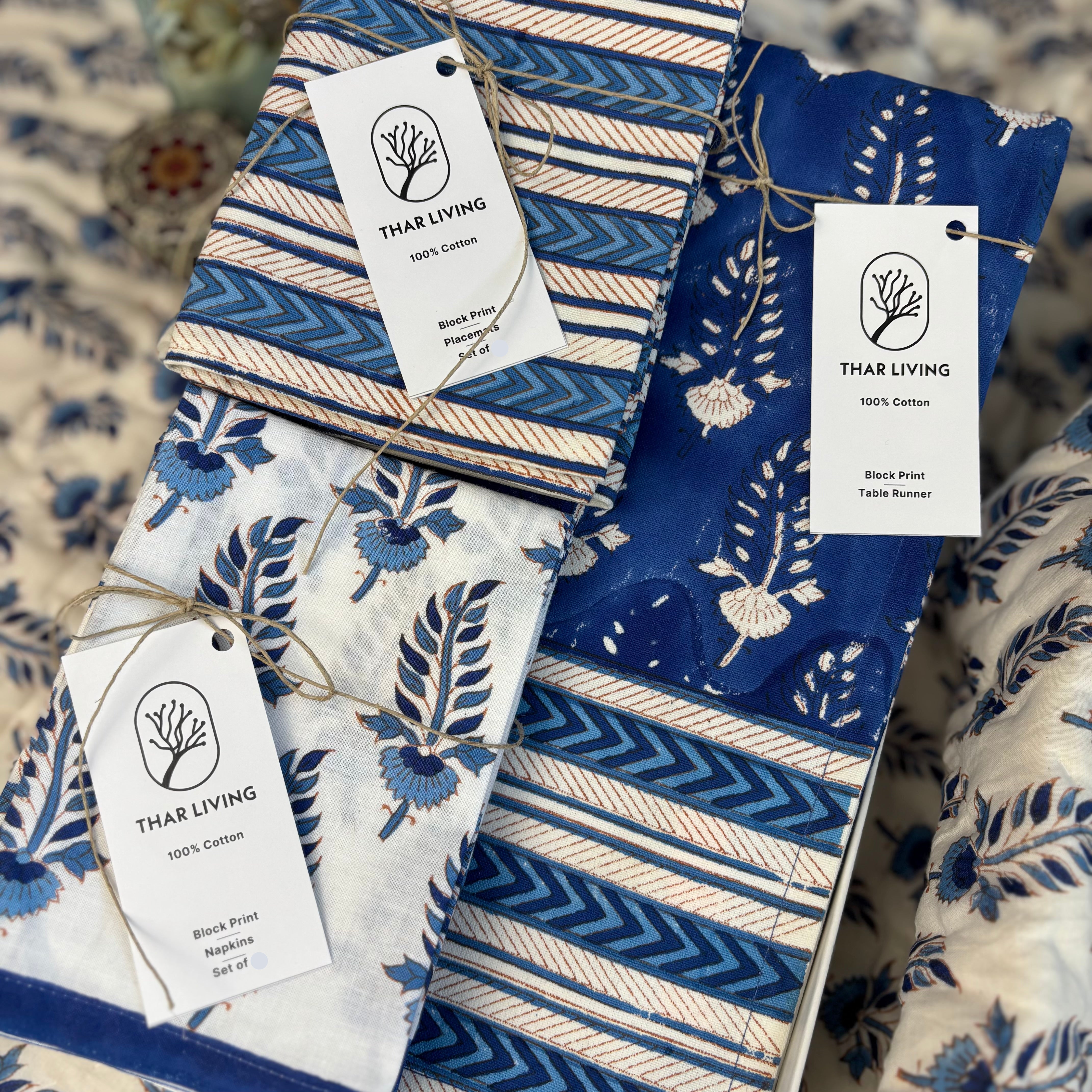 Noor Table Linen Gift Set – Blue | Hand Block Printed Runner, 4 Mats & 4 Napkins | Artisan Holiday Gift Under $120