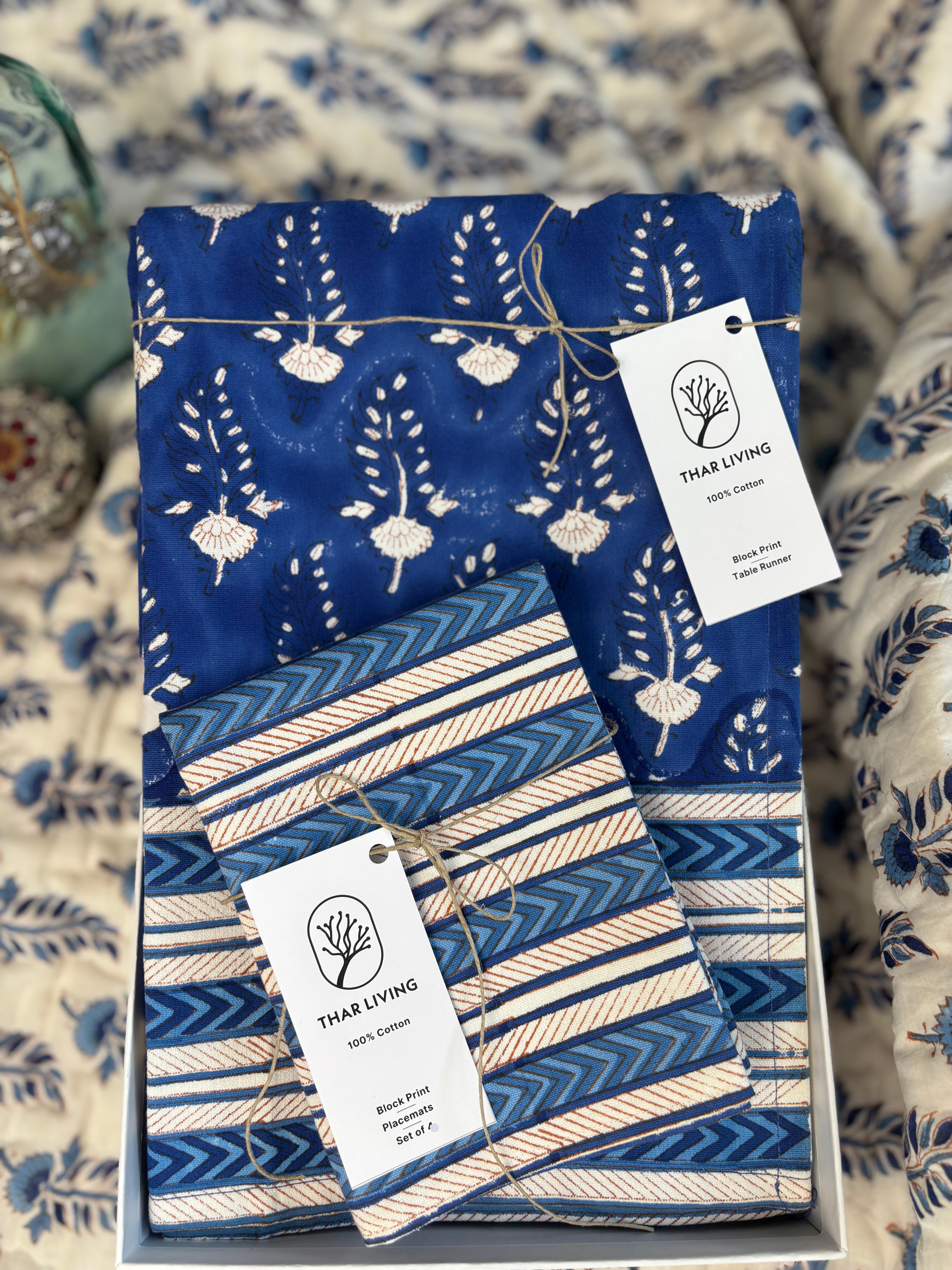 Noor Table Runner & 4 Mat Set – Blue | Hand Block Printed Artisan Table Linen Gift Under $75