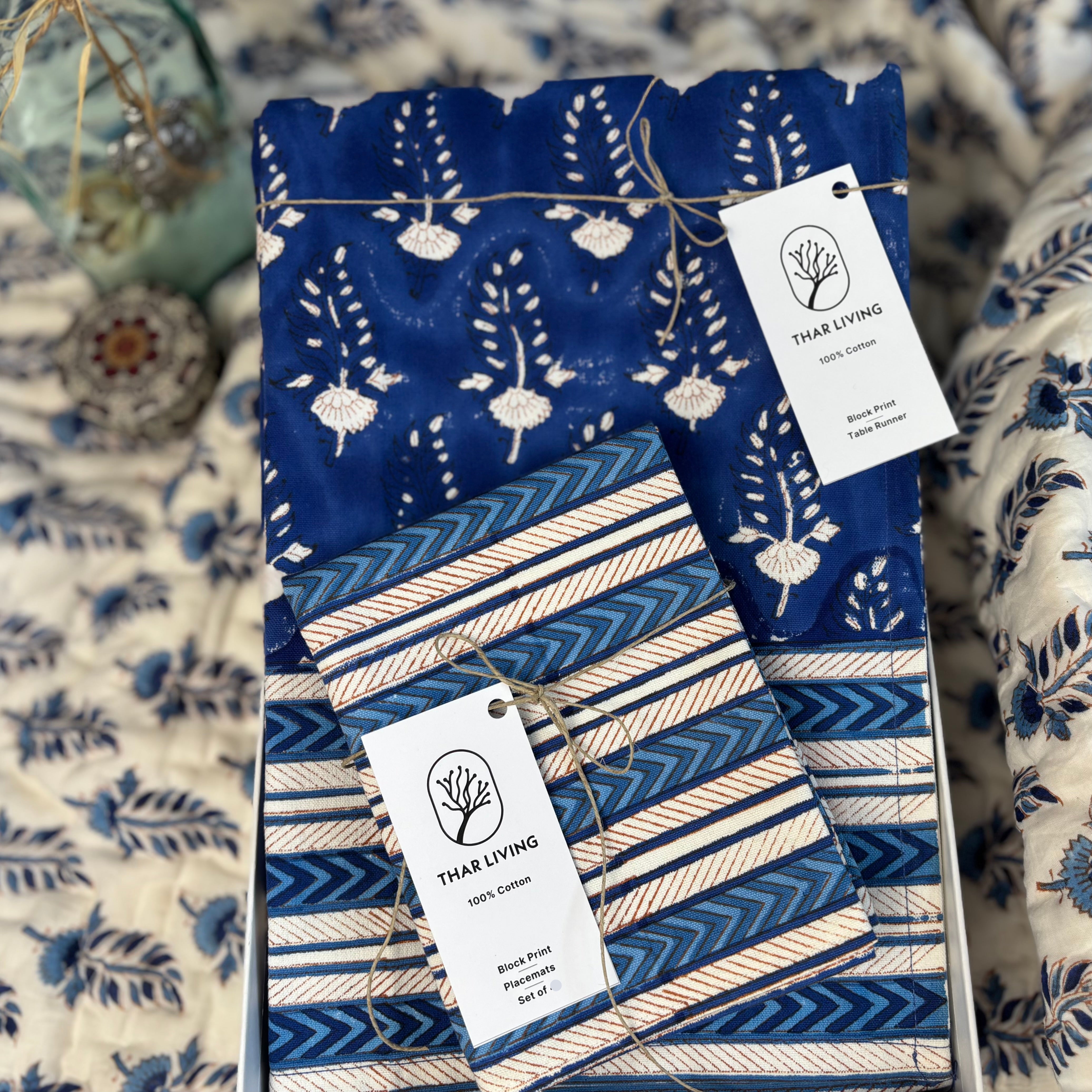 Noor Table Runner & 4 Mat Set – Blue | Hand Block Printed Artisan Table Linen Gift Under $75