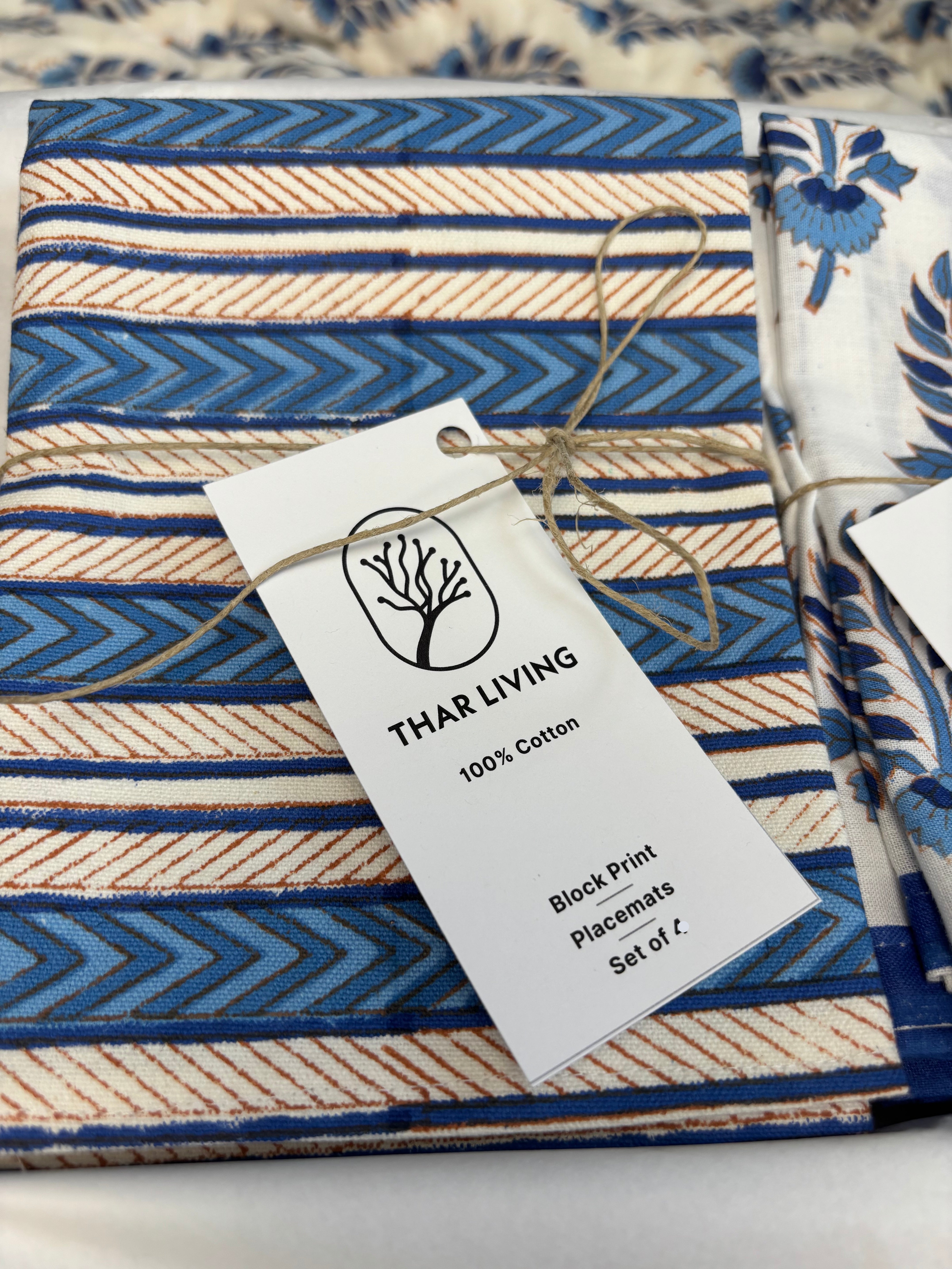 Artisan Table Linen Gift Set – Noor Collection (4 Mats & 4 Napkins) | Hand Block Printed, Under $75