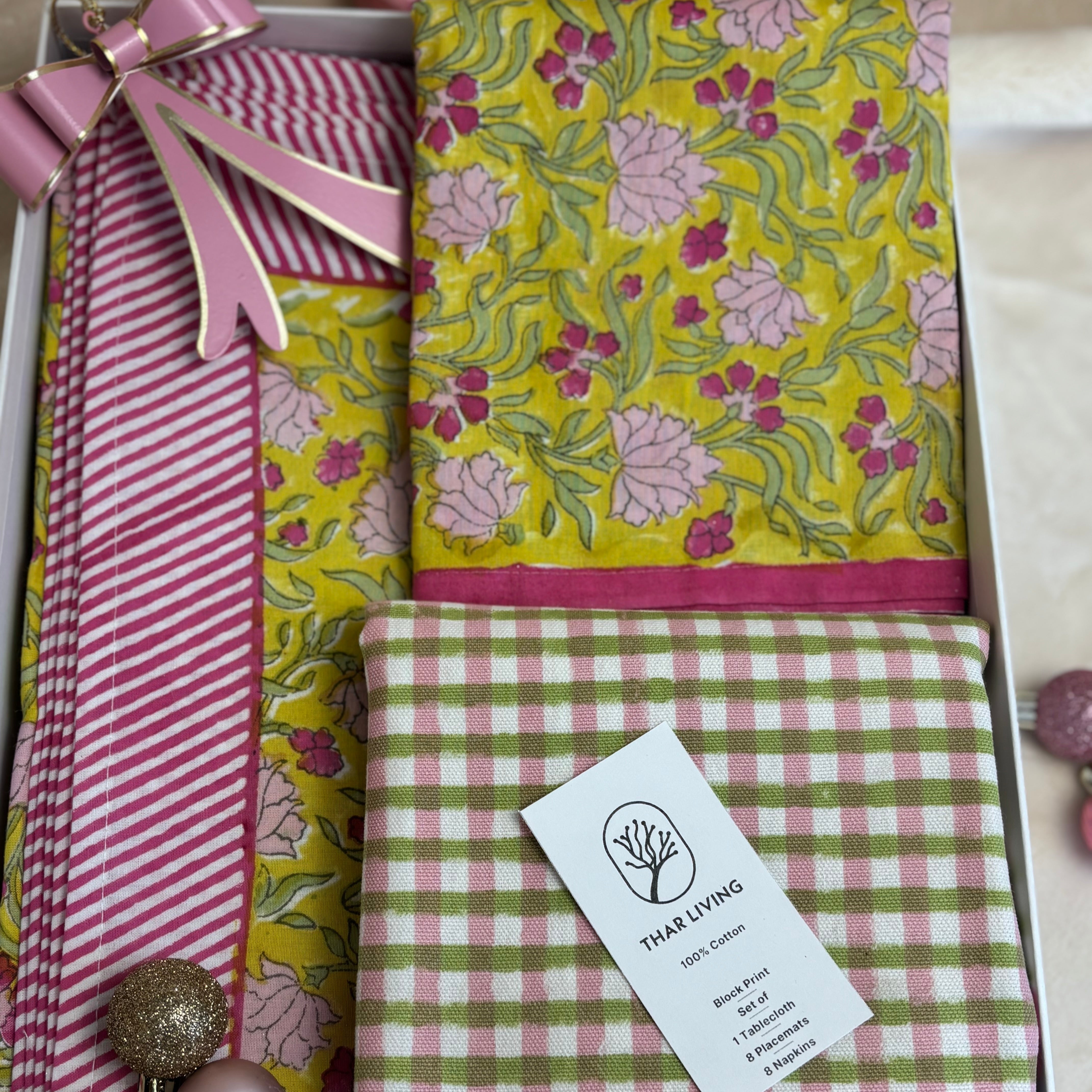 Jasmine Holiday Gift Set – Hand Block Printed 8 seater Table Cloth, 8 Mats & 8 Napkins (Under $250)