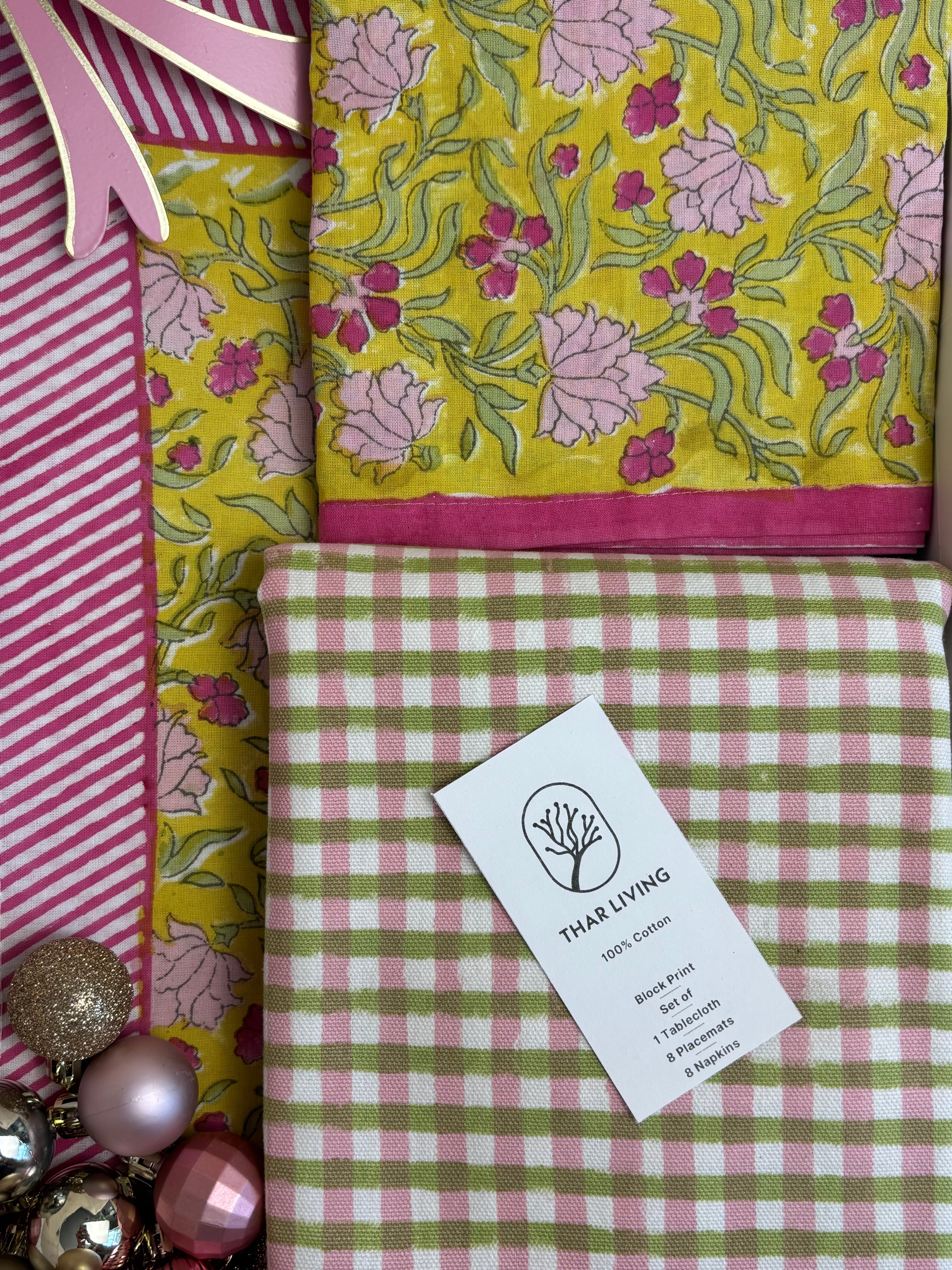 Jasmine Holiday Gift Set – Hand Block Printed 8 seater Table Cloth, 8 Mats & 8 Napkins (Under $250)