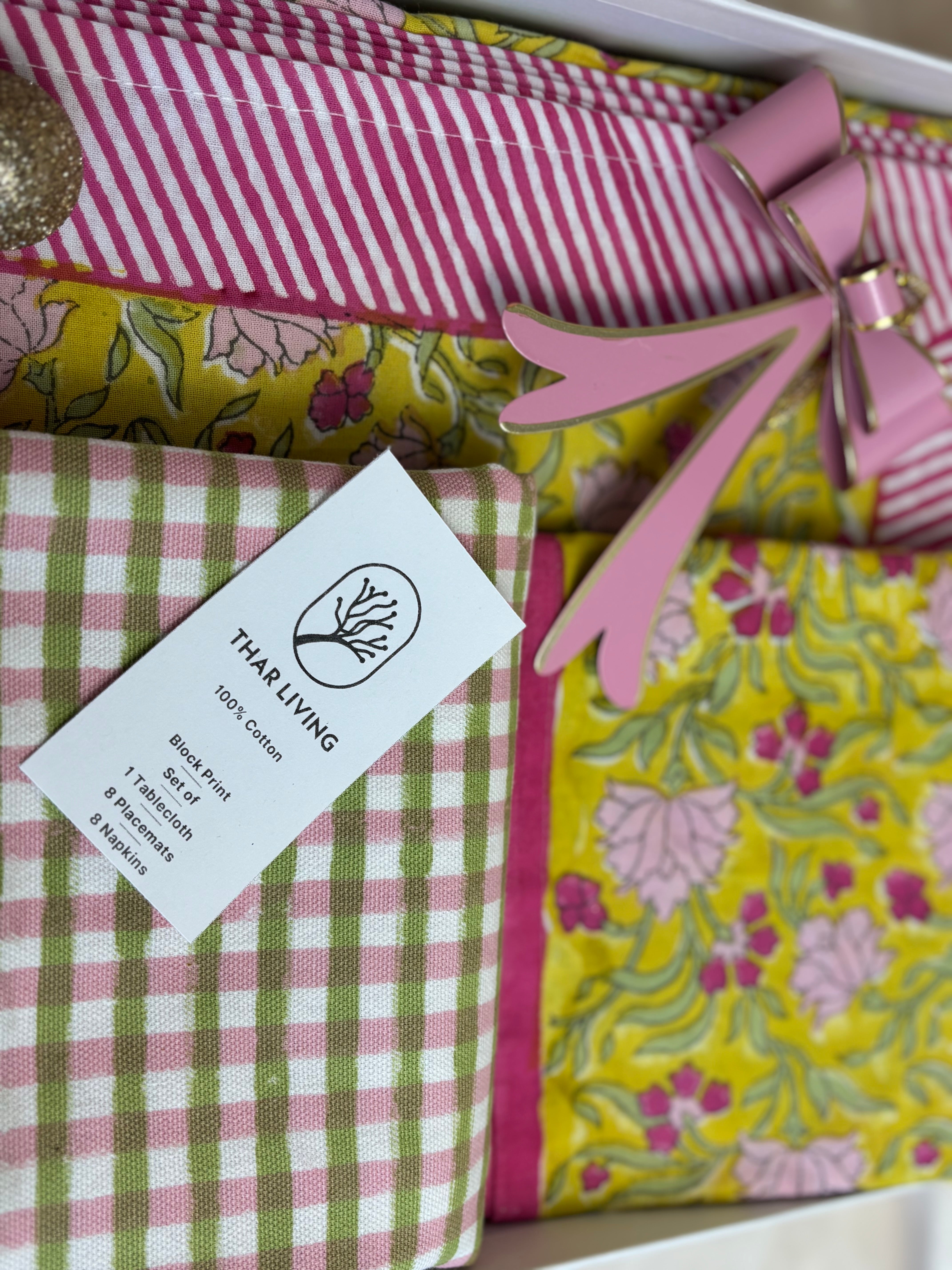 Jasmine Holiday Gift Set – Hand Block Printed 8 seater Table Cloth, 8 Mats & 8 Napkins (Under $250)