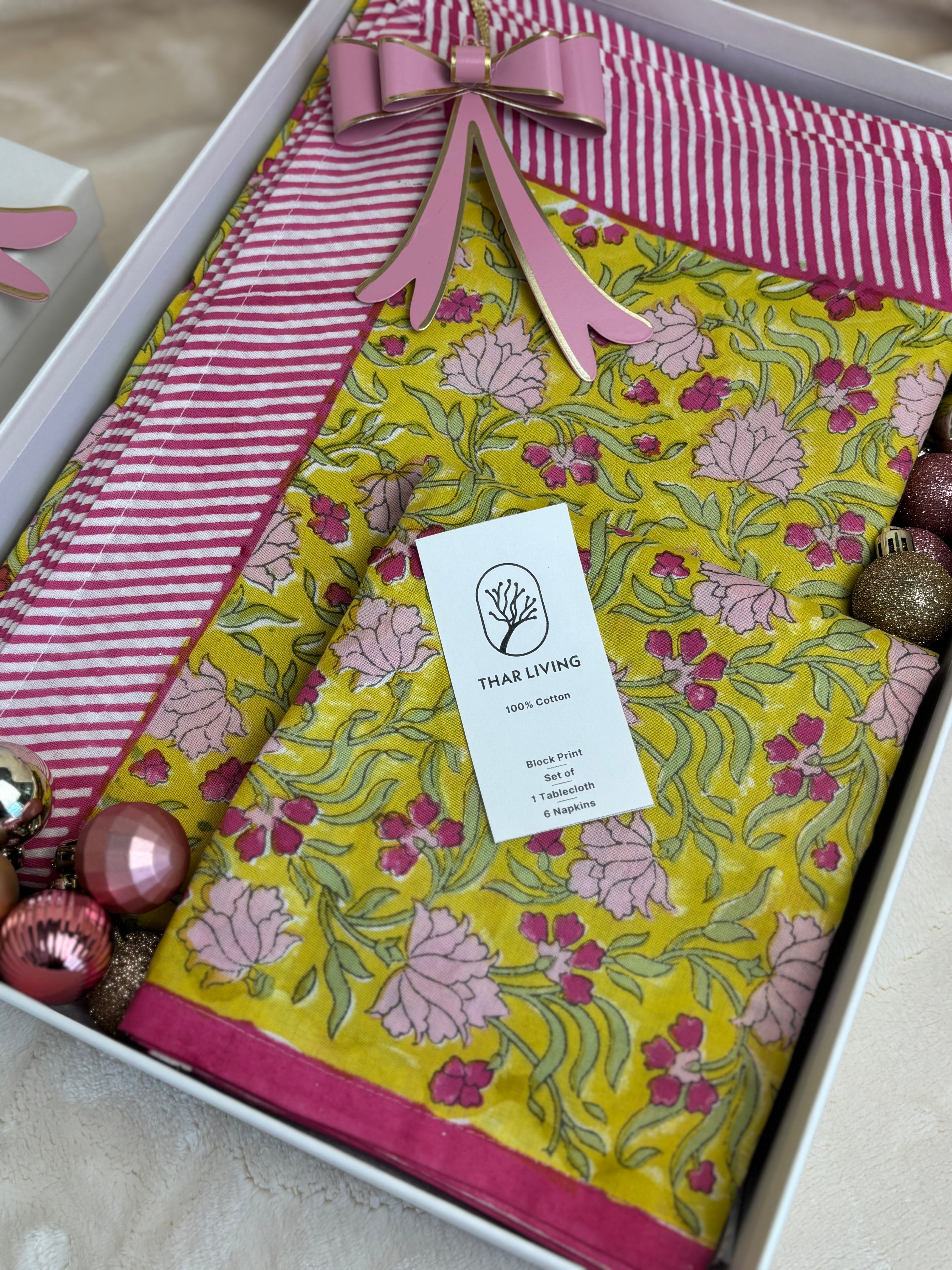 Jasmine Holiday Gift Set – Hand Block Printed Table Cloth & 6 Napkins (Under $120)