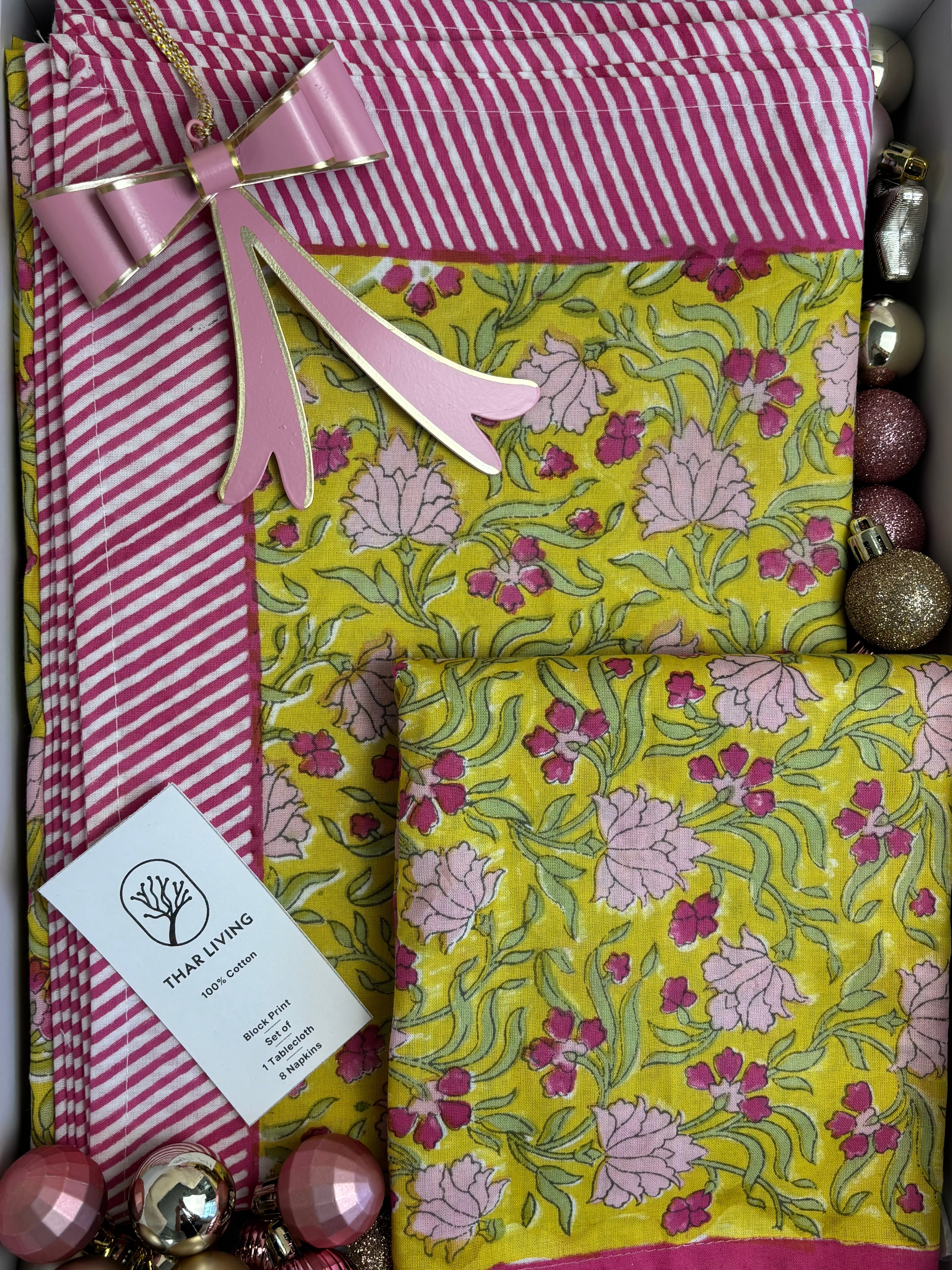 Jasmine Holiday Gift Set – Hand Block Printed Table Cloth & 8 Napkins (Under $150)