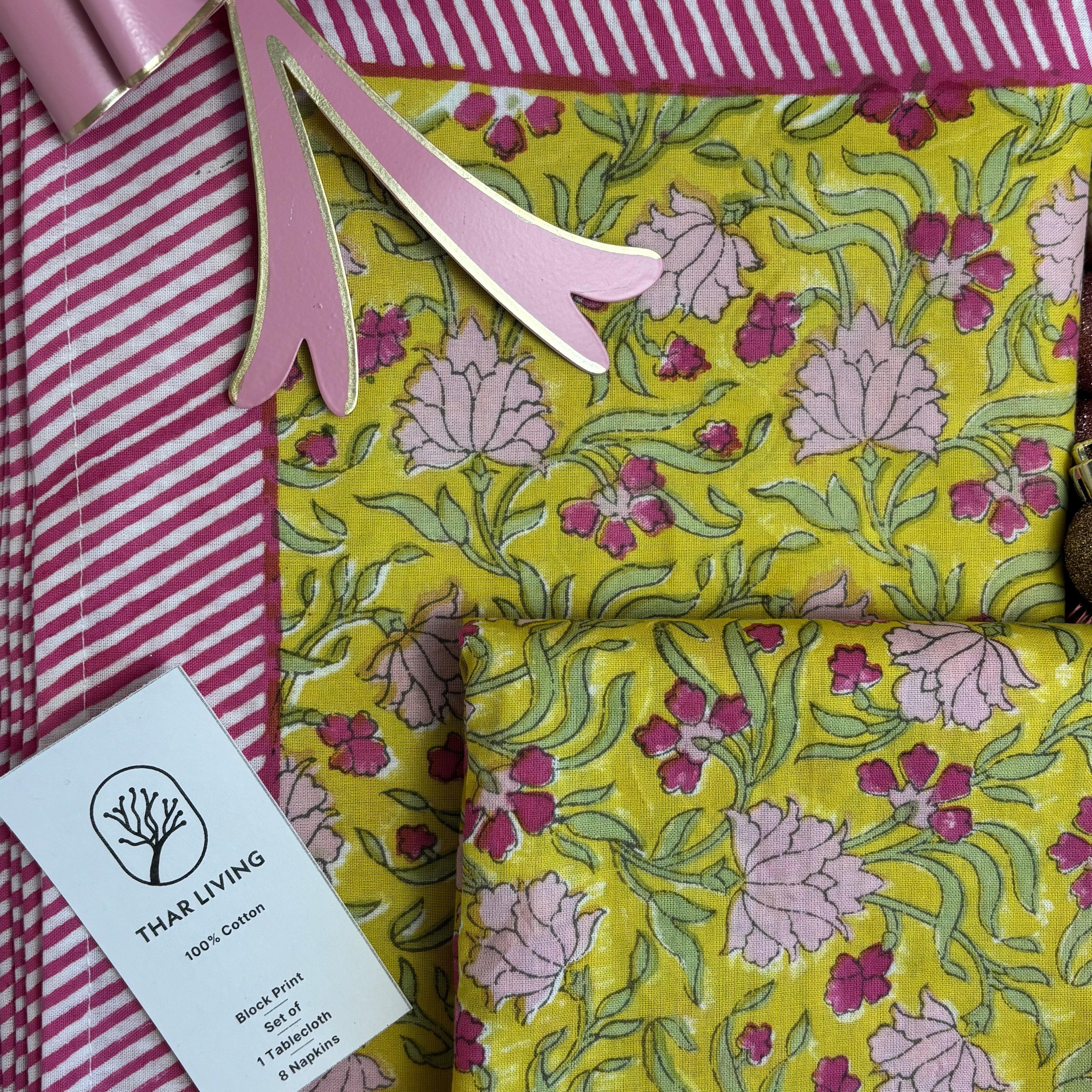 Jasmine Holiday Gift Set – Hand Block Printed Table Cloth & 8 Napkins (Under $150)