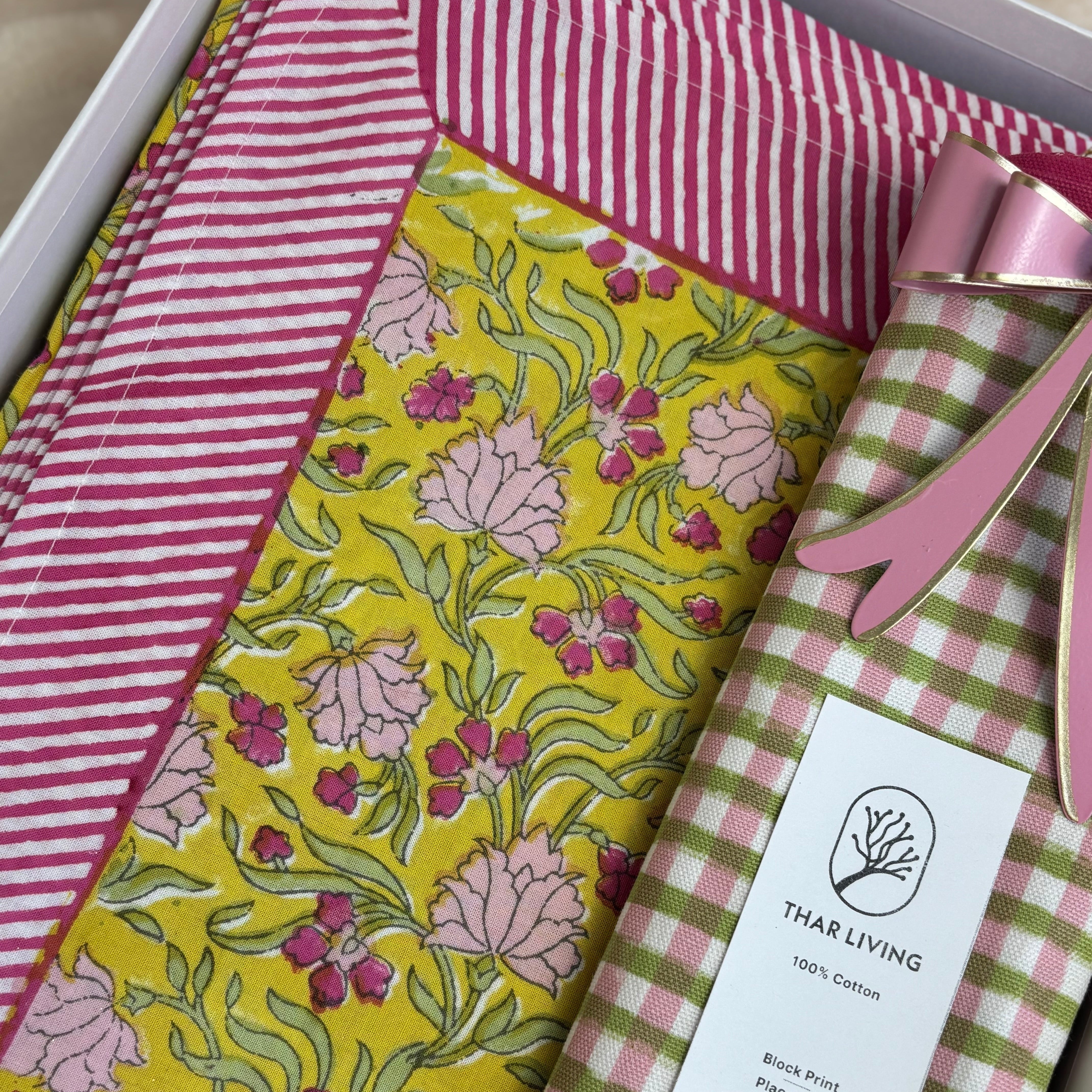 Jasmine Holiday Gift Set – Hand Block Printed Table Cloth & 6 Placemats (Under $120)