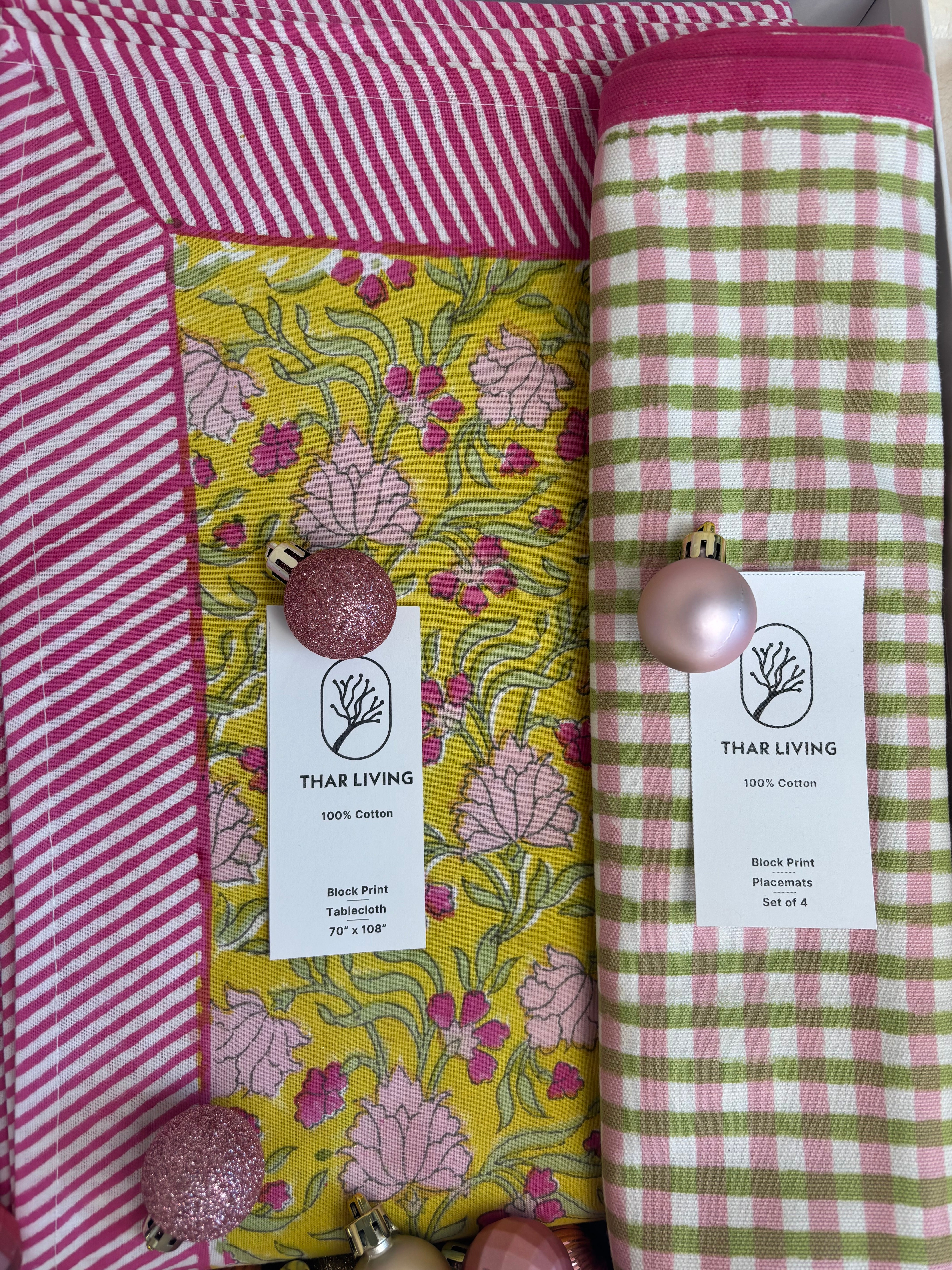 Jasmine Holiday Gift Set – Hand Block Printed Table Cloth & 4 Placemats (Under $100)