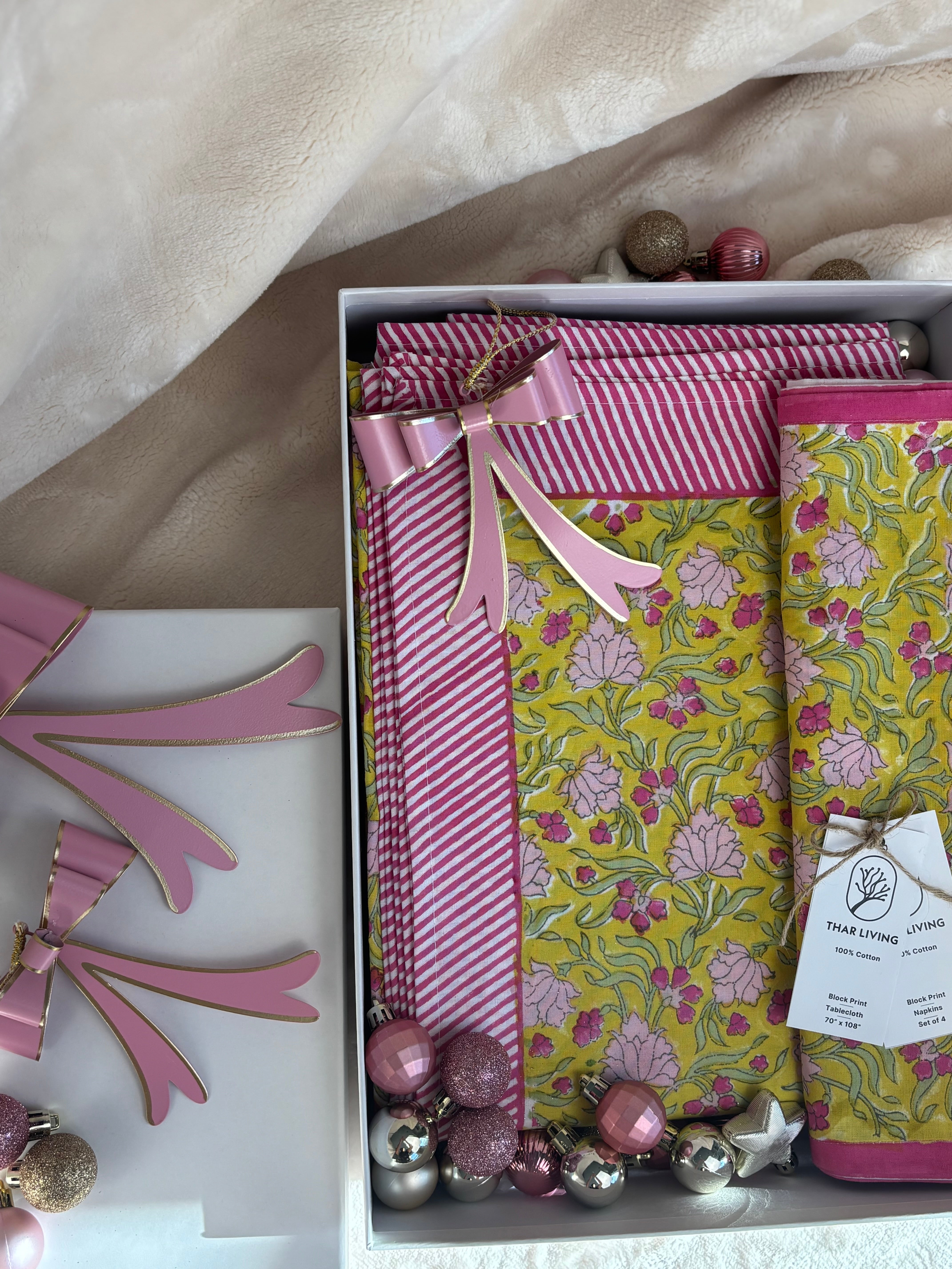 Jasmine Holiday Gift Set – Hand Block Printed Table Cloth & 4 Napkins (Under $100)
