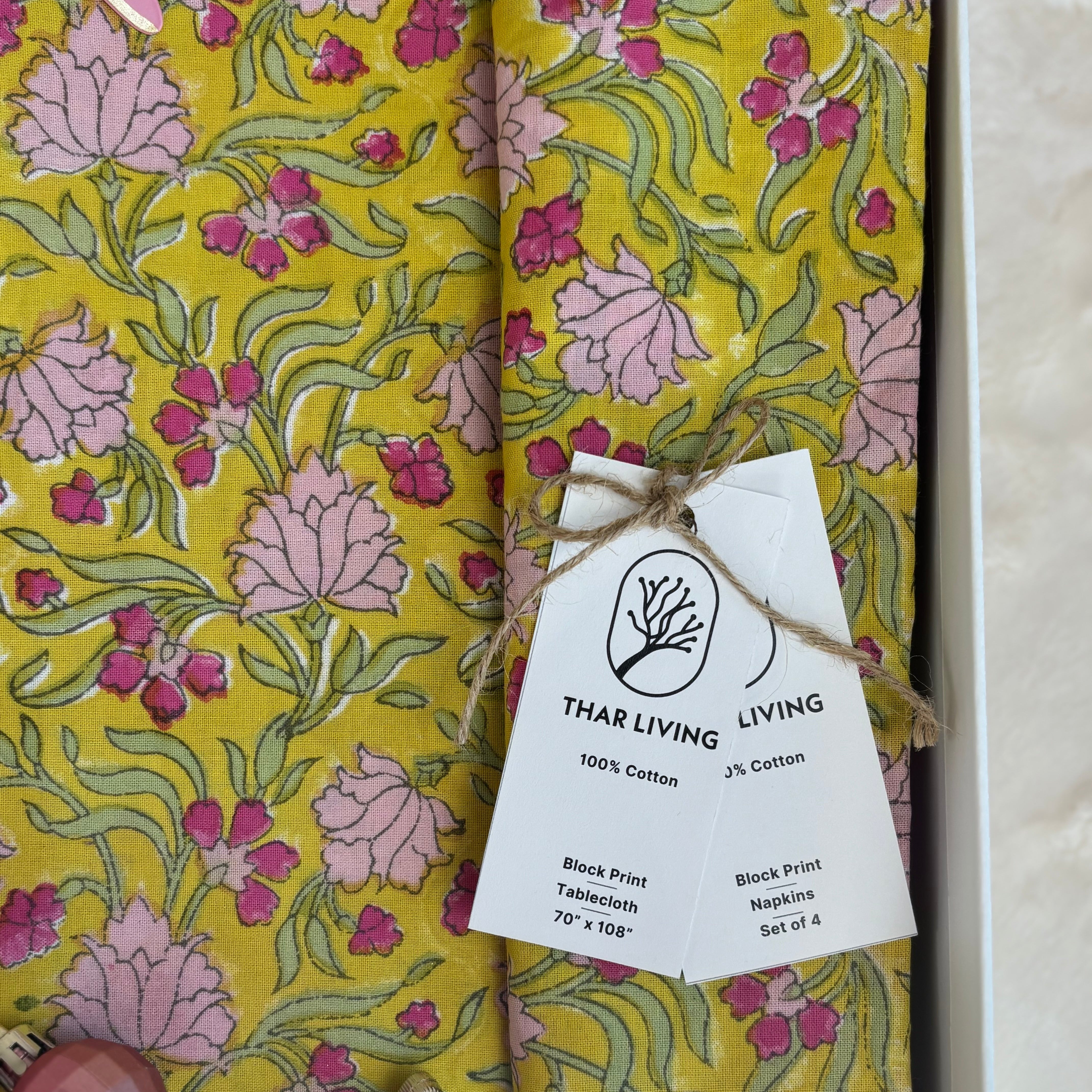 Jasmine Holiday Gift Set – Hand Block Printed Table Cloth & 4 Napkins (Under $100)