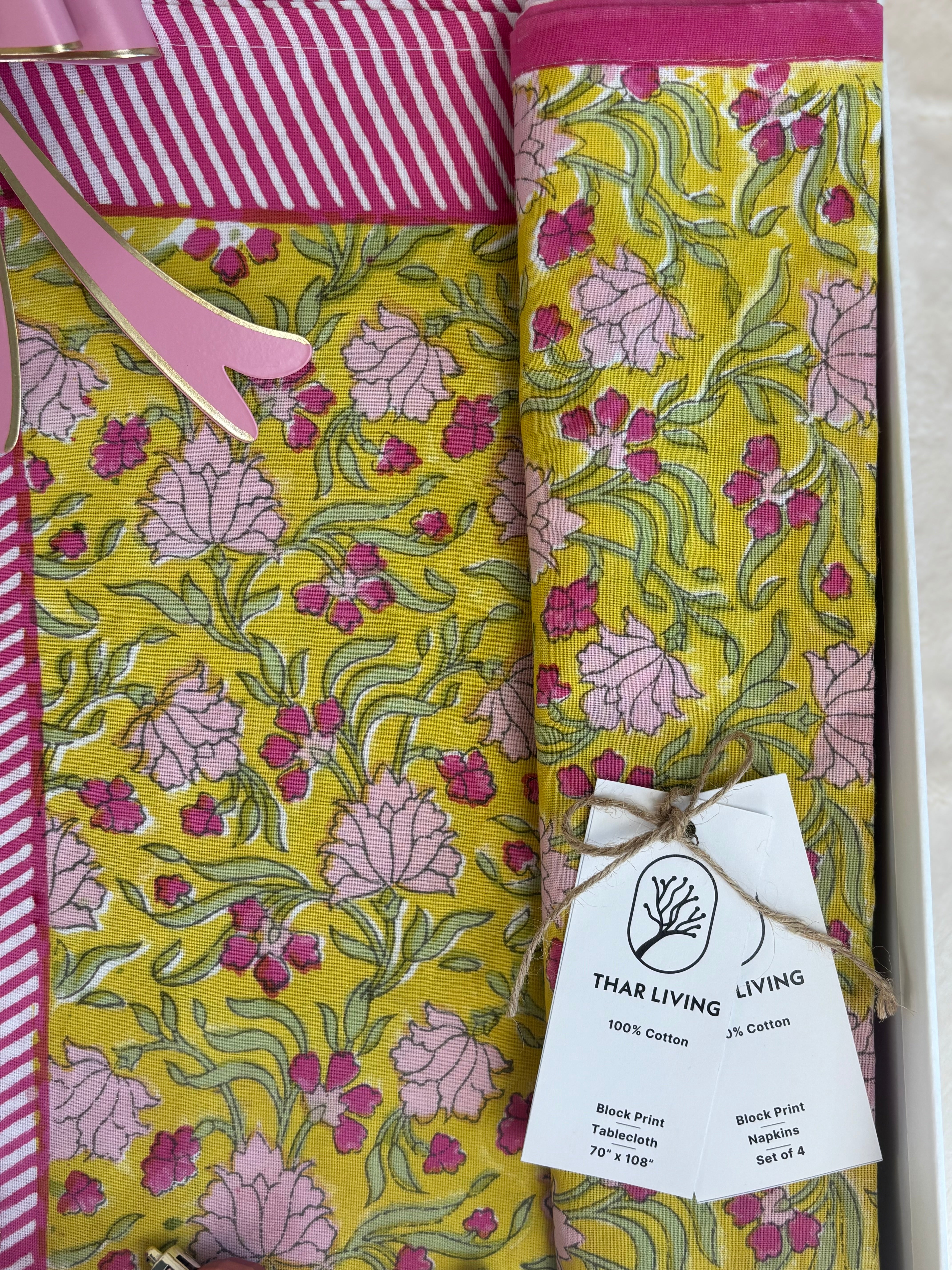 Jasmine Holiday Gift Set – Hand Block Printed Table Cloth & 4 Napkins (Under $100)