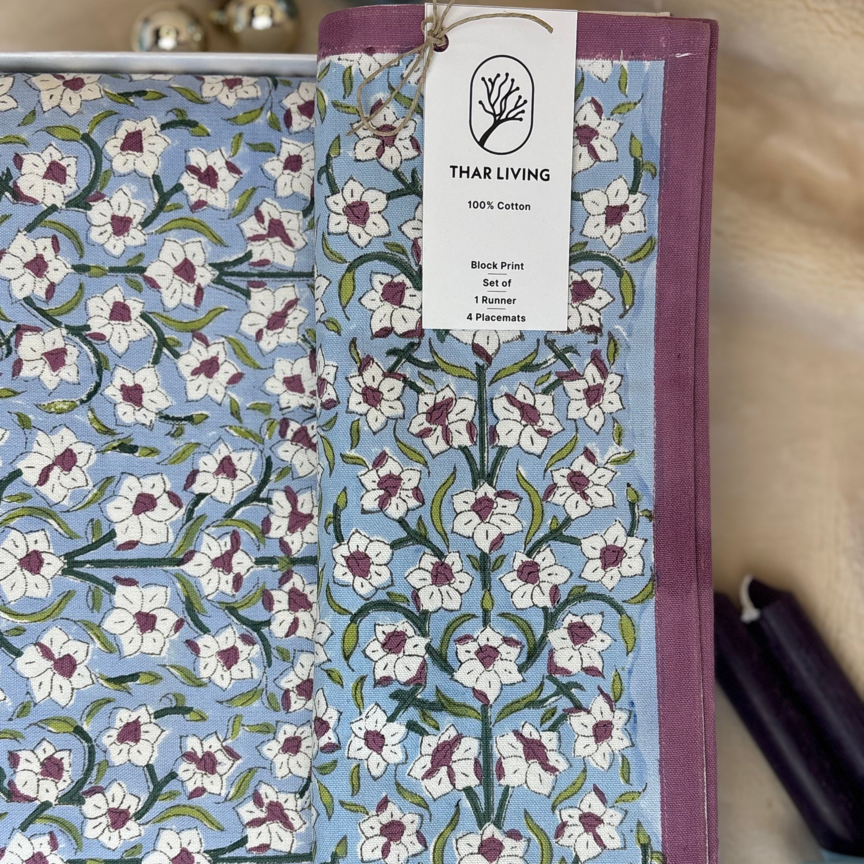 Nargis Holiday Gift Set – Hand Block Printed Table Runner & 8 Placemats | Artisanal Gift under $120