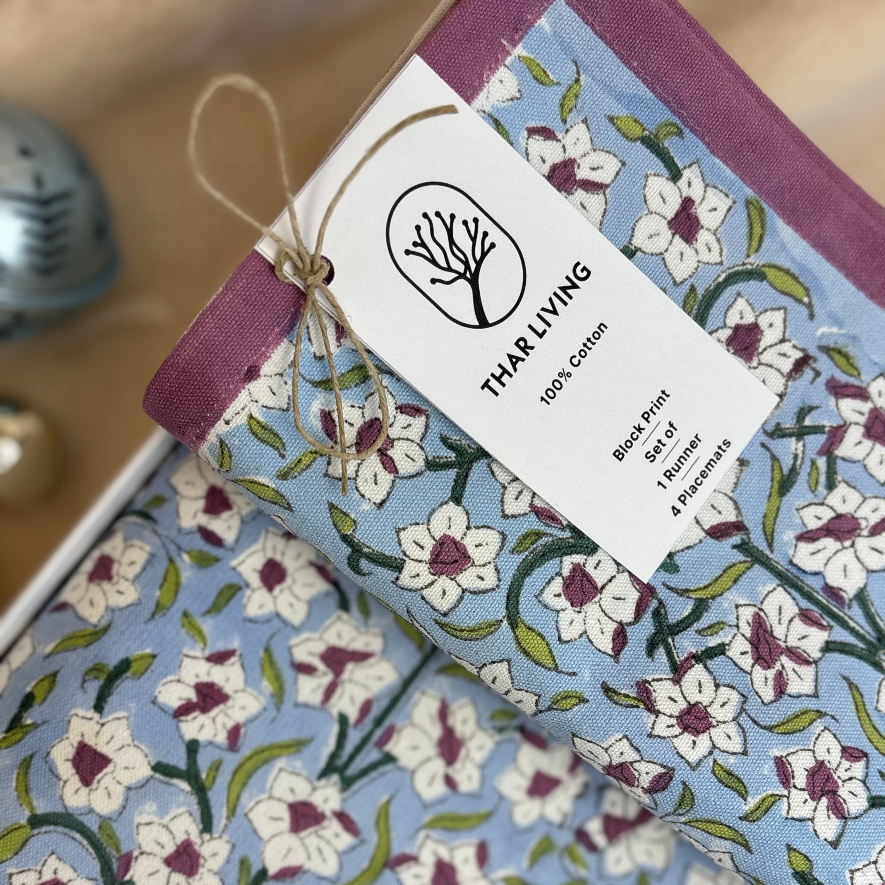 Nargis Holiday Gift Set – Hand Block Printed Table Runner & 4 Placemats | Artisanal Gift under $100