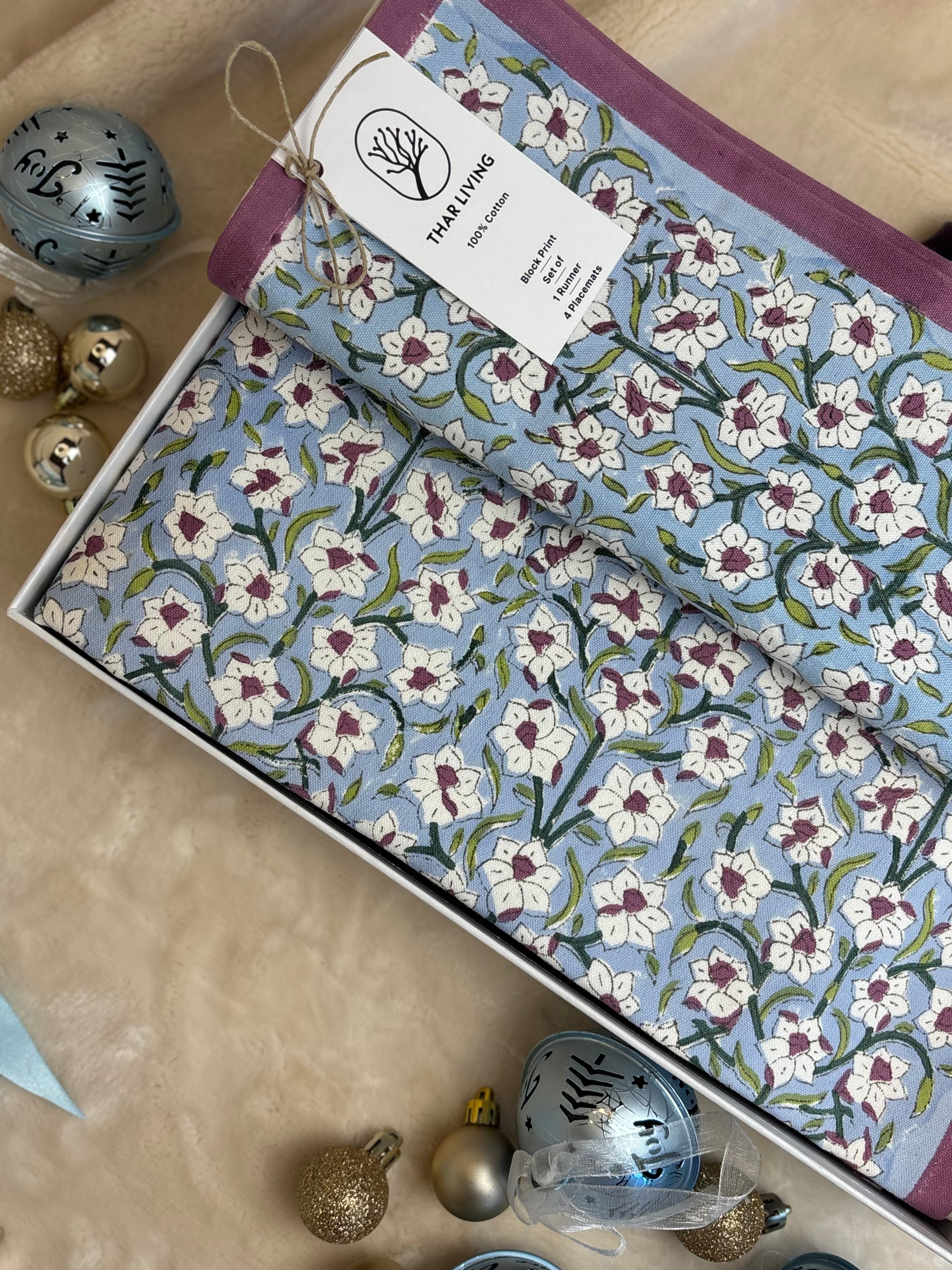 Nargis Holiday Gift Set – Hand Block Printed Table Runner & 8 Placemats | Artisanal Gift under $120