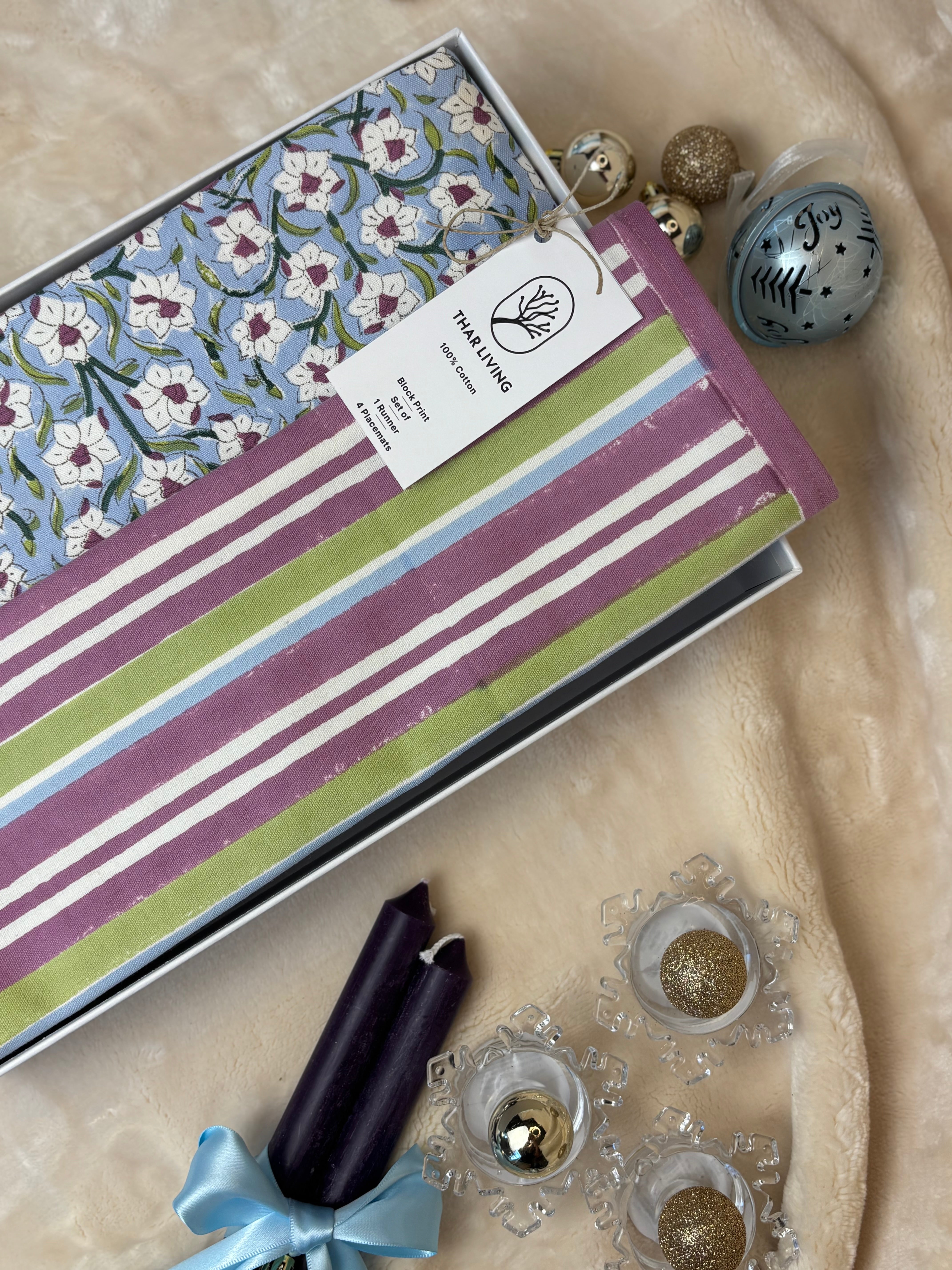 Nargis Holiday Gift Set – Hand Block Printed Table Runner & 4 Placemats | Artisanal Gift under $100