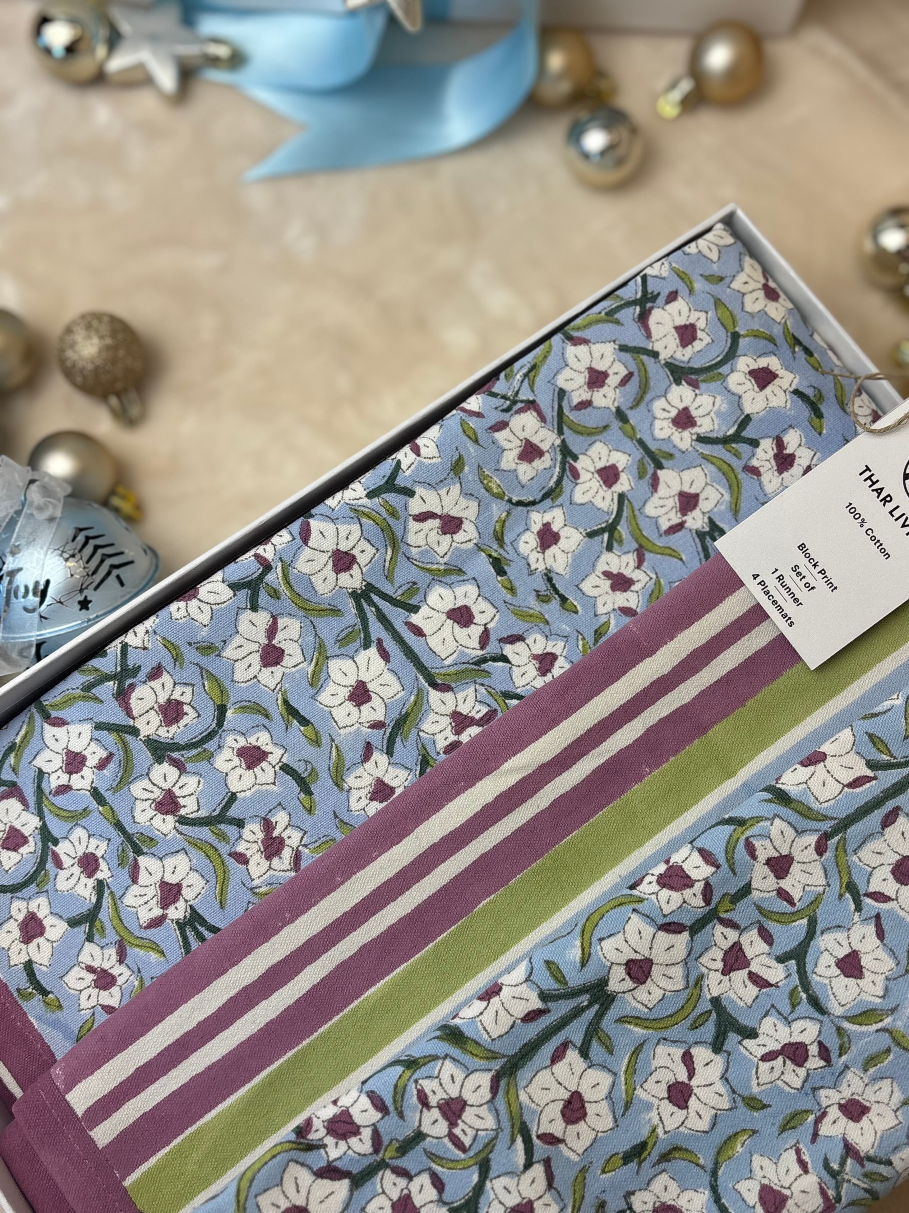 Nargis Holiday Gift Set – Hand Block Printed Table Runner & 4 Placemats | Artisanal Gift under $100