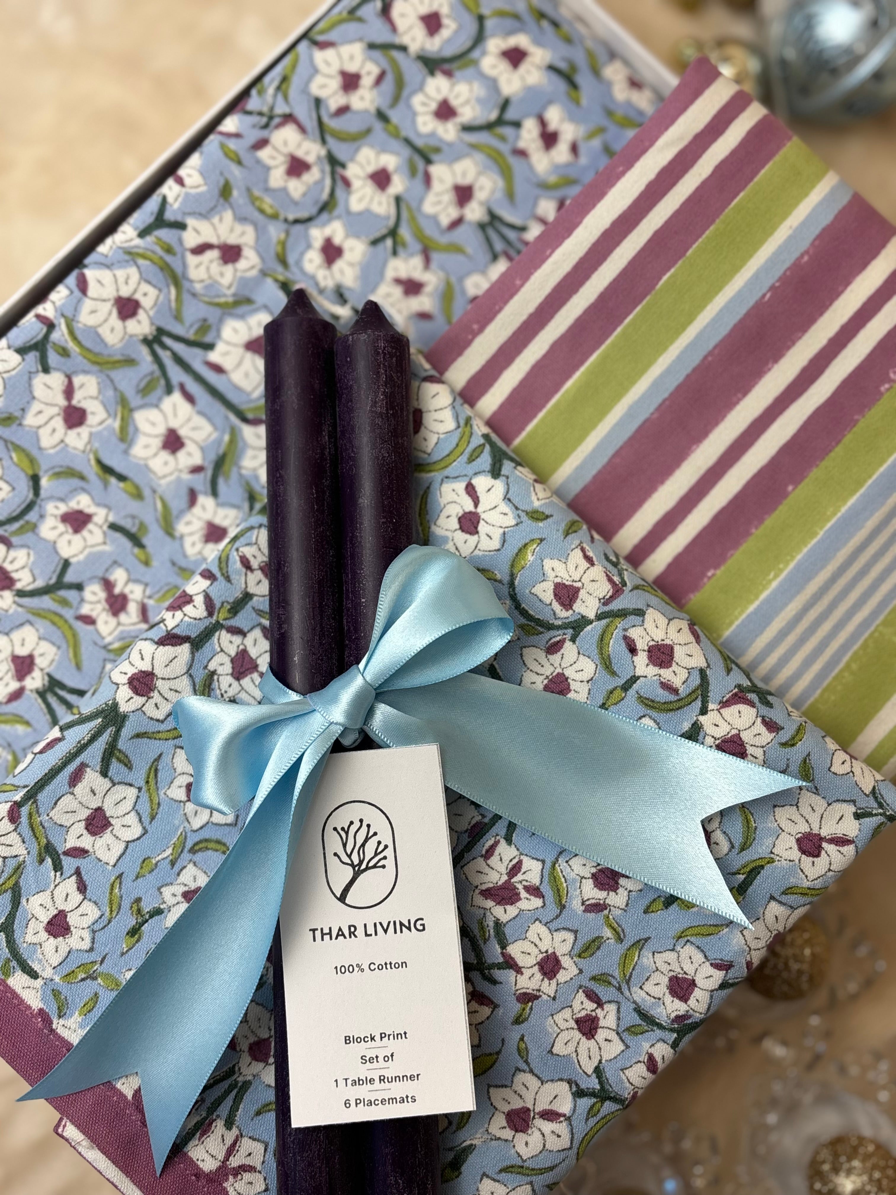 Nargis Holiday Gift Set – Hand Block Printed Table Runner & 6 Placemats | Artisanal Gift under $100