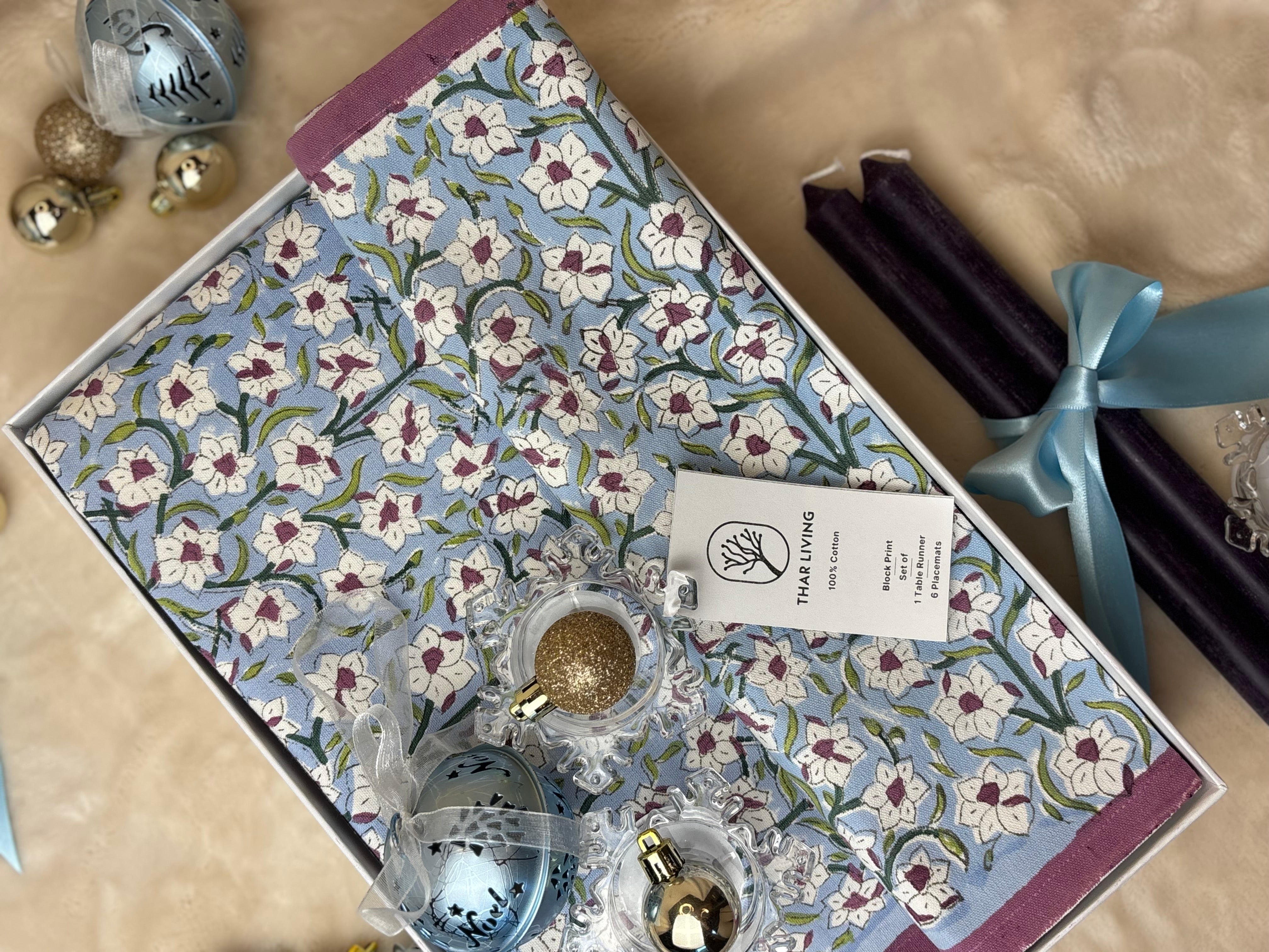 Nargis Holiday Gift Set – Hand Block Printed Table Runner & 6 Placemats | Artisanal Gift under $100