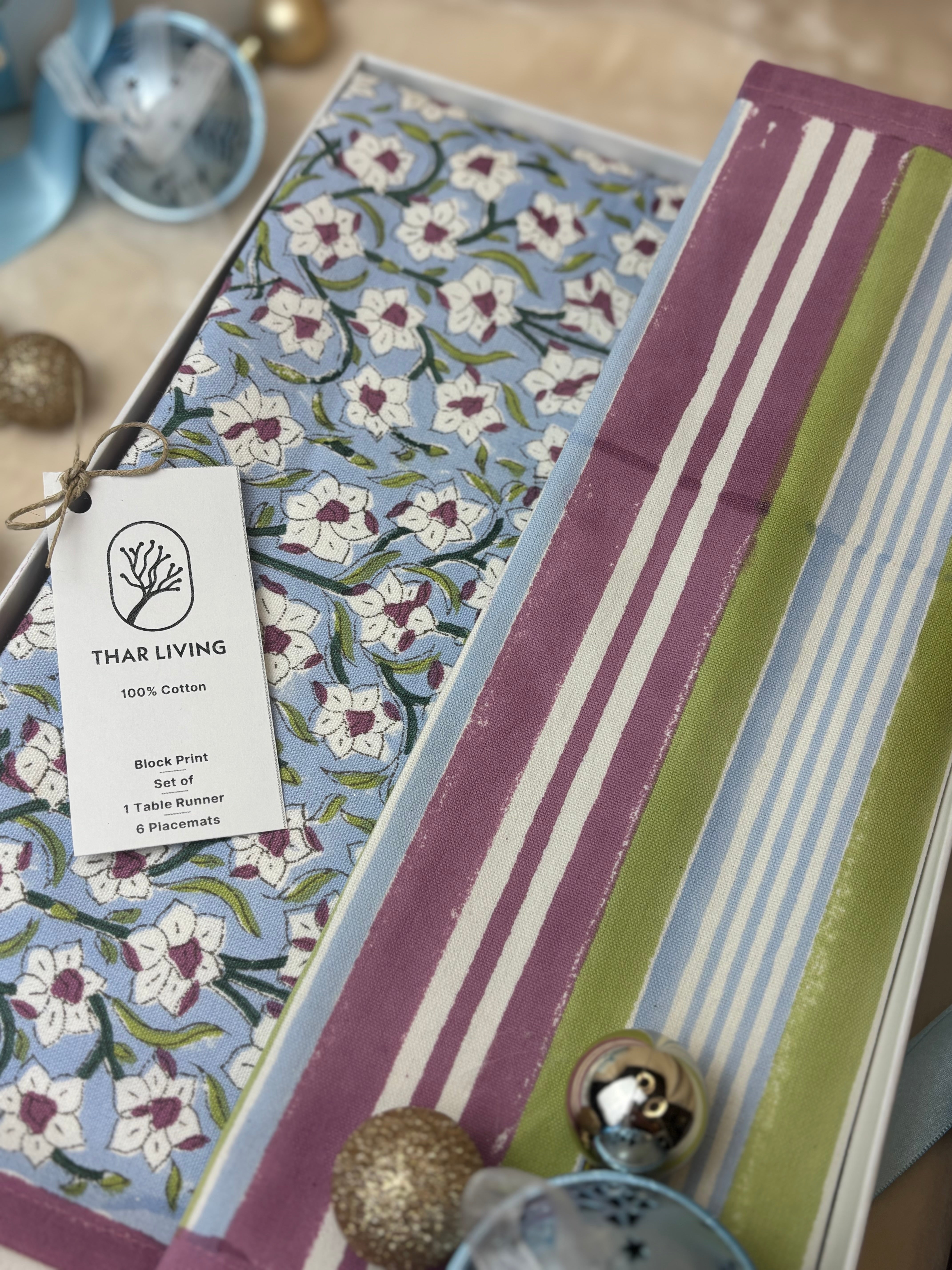 Nargis Holiday Gift Set – Hand Block Printed Table Runner & 6 Placemats | Artisanal Gift under $100