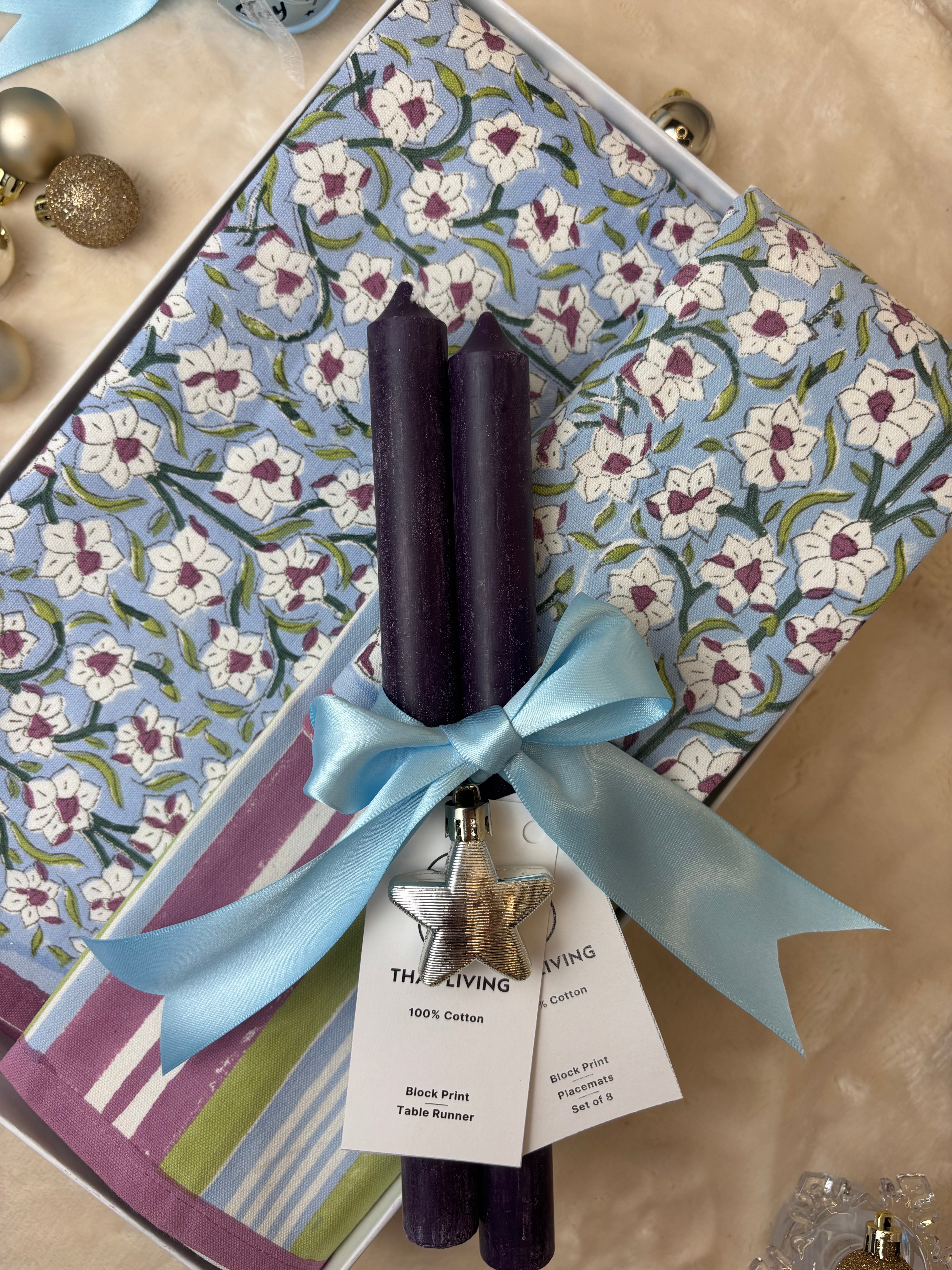 Nargis Holiday Gift Set – Hand Block Printed Table Runner & 8 Placemats | Artisanal Gift under $120