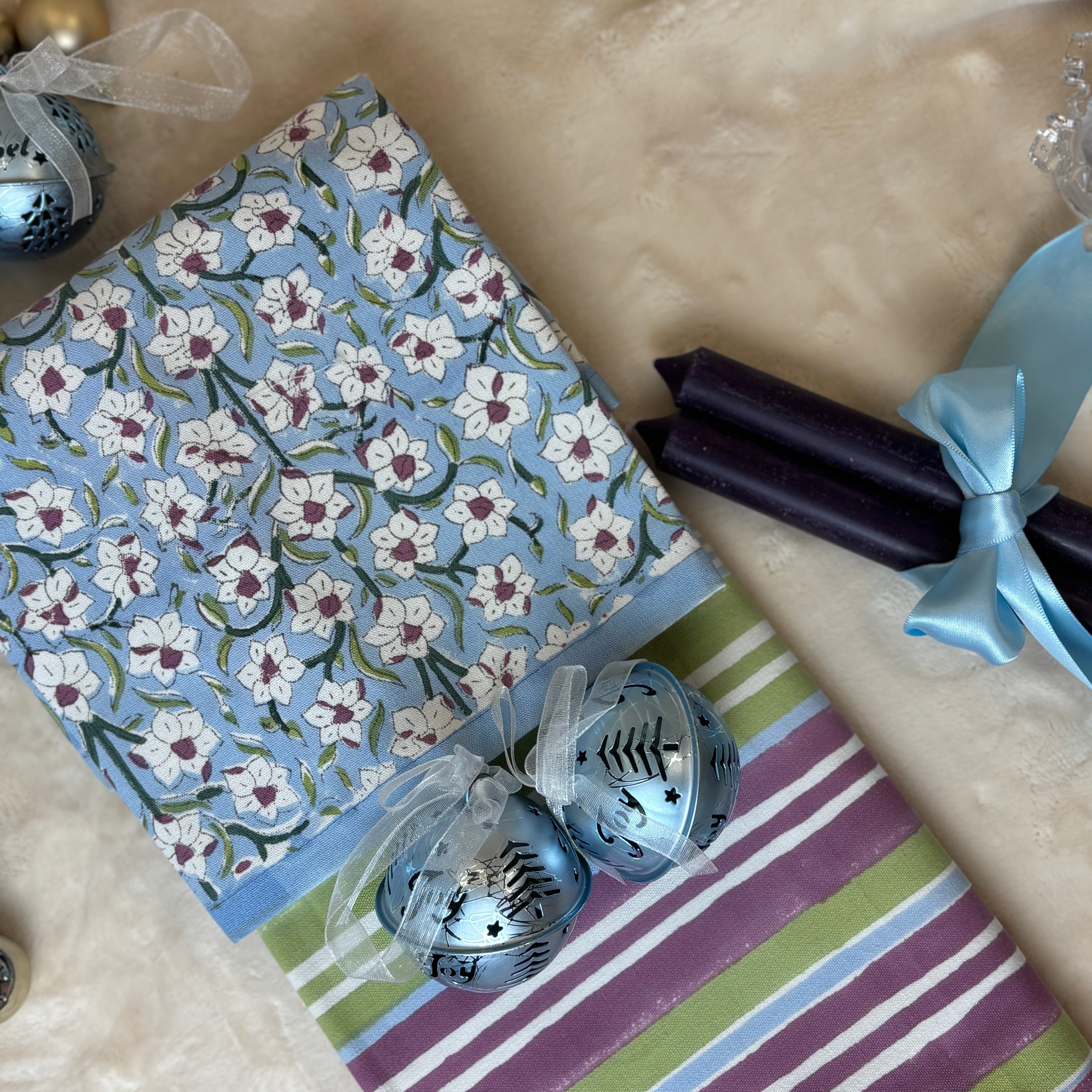 Nargis Holiday Gift Set – Hand Block Printed Striped Table Runner & 8 Placemats | Artisanal Gift under $120