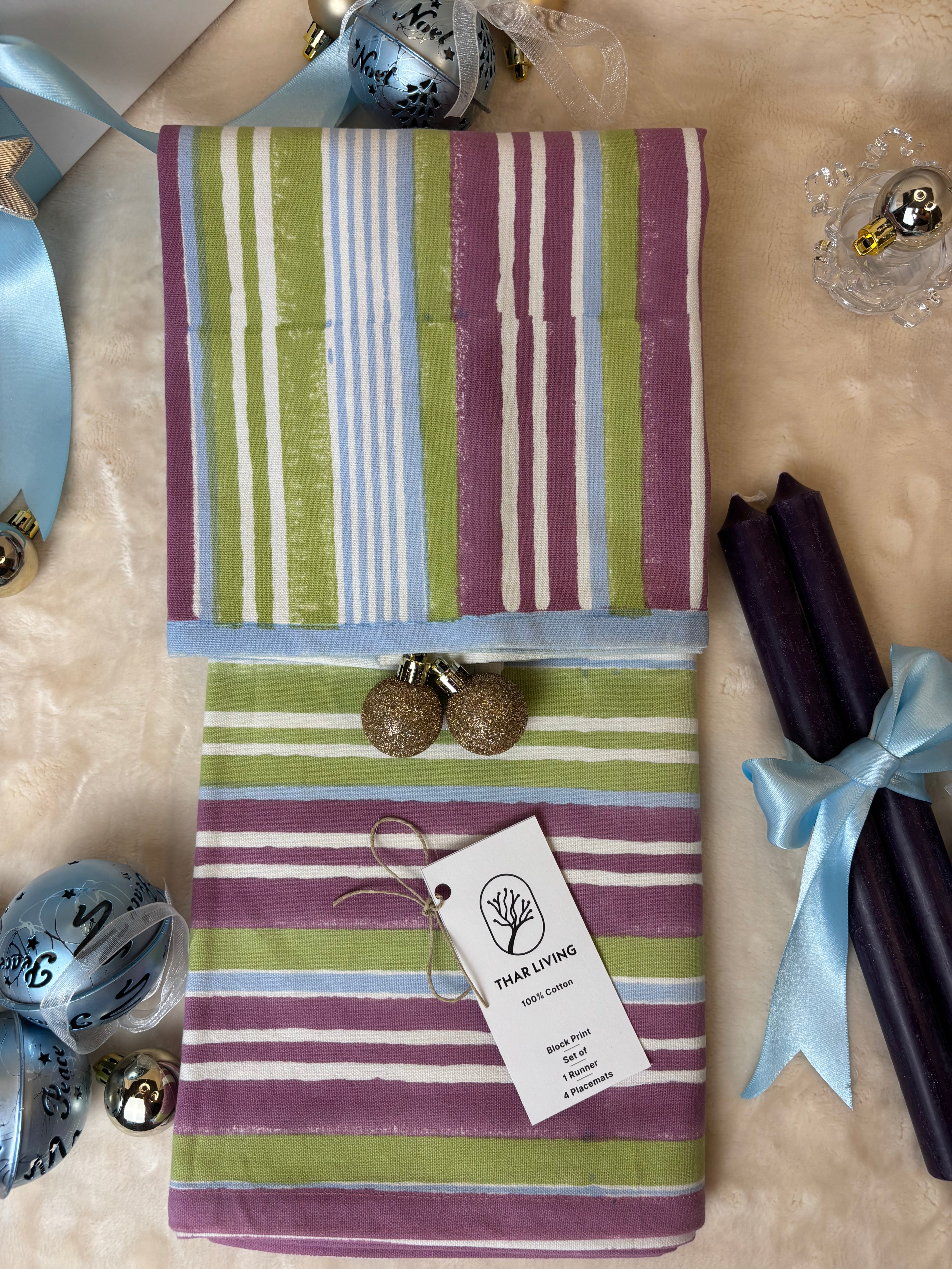 Nargis Holiday Gift Set – Hand Block Printed Striped Table Runner & 4 Placemats | Artisanal Gift under $100
