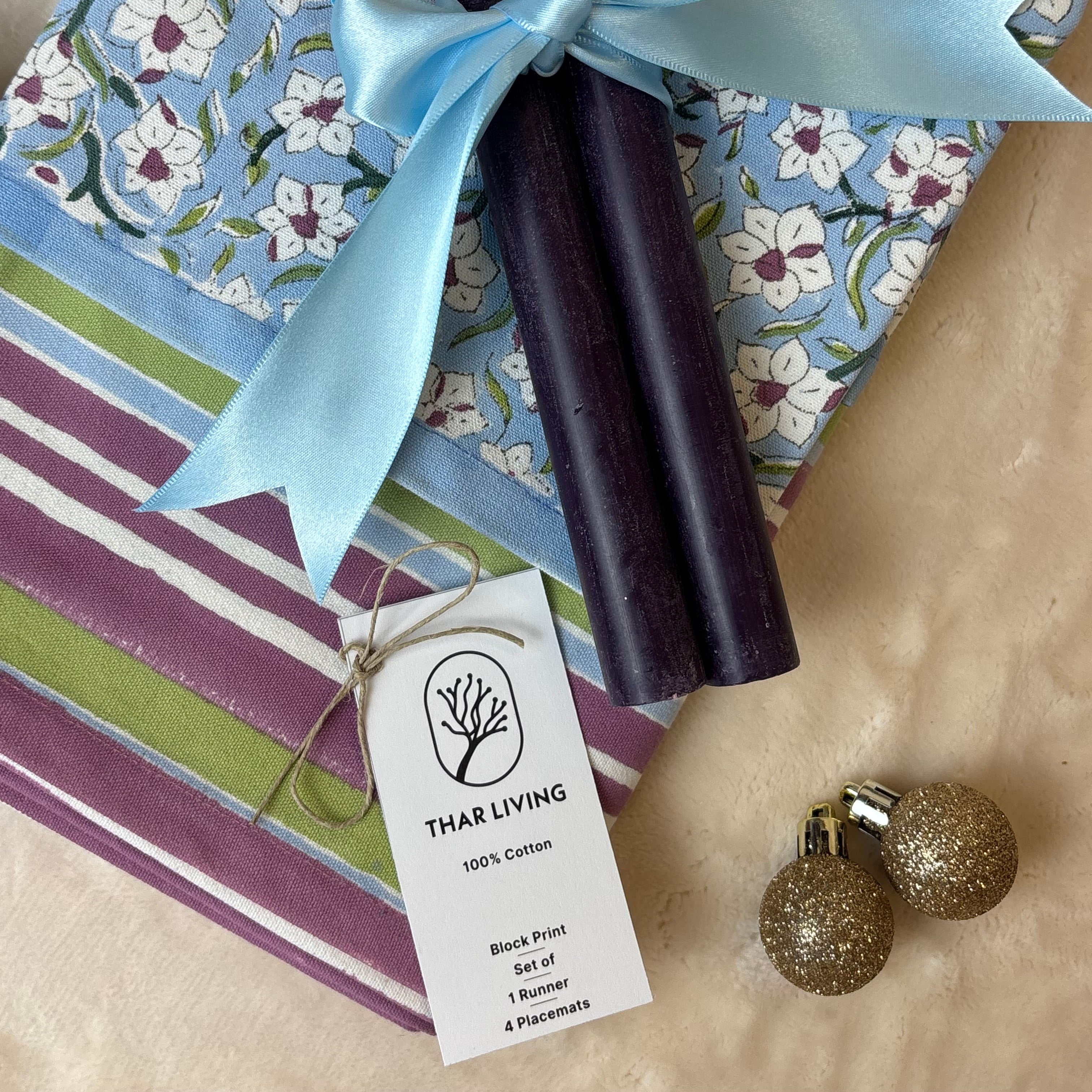 Nargis Holiday Gift Set – Hand Block Printed Striped Table Runner & 4 Placemats | Artisanal Gift under $100