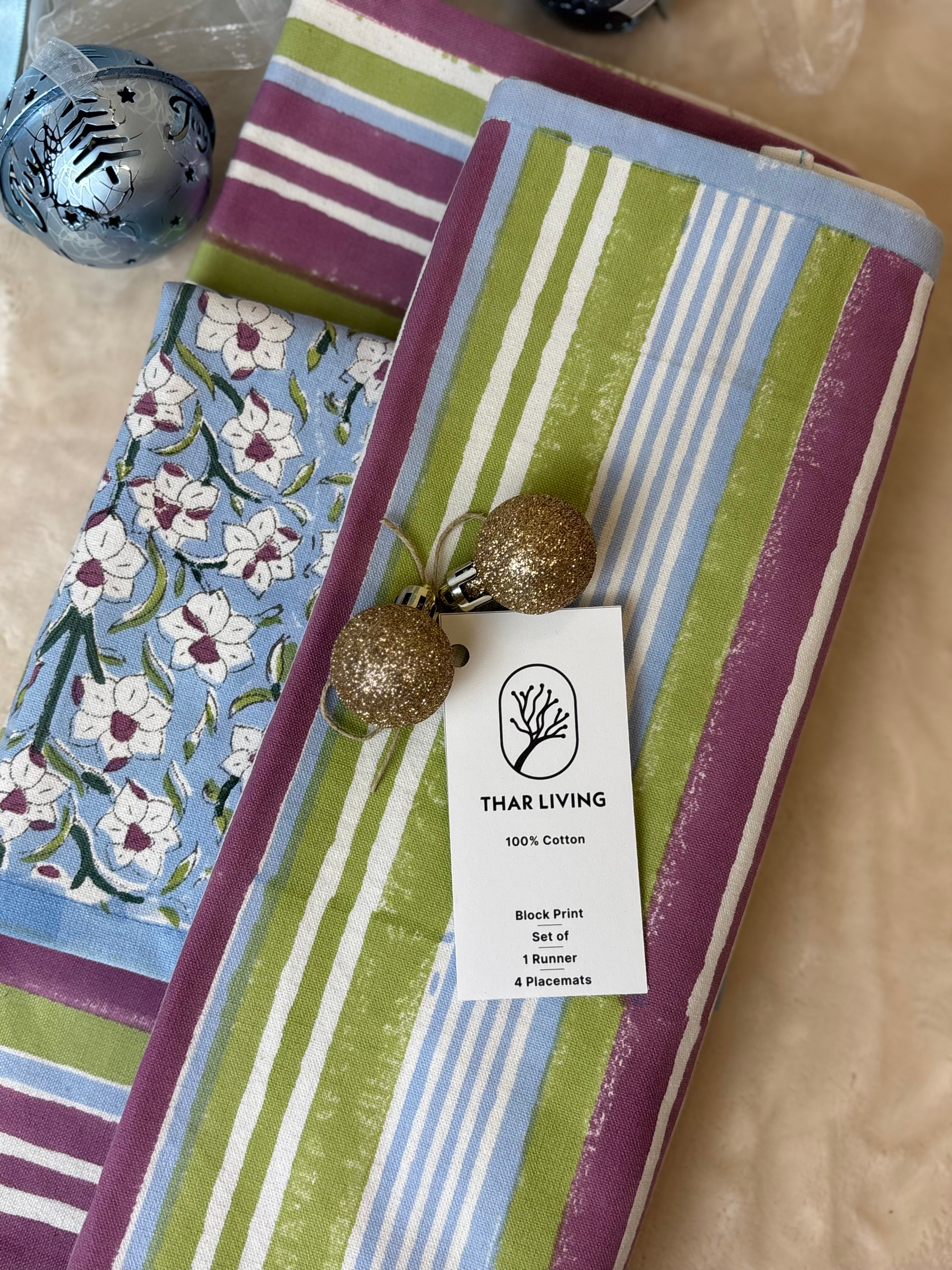 Nargis Holiday Gift Set – Hand Block Printed Striped Table Runner & 4 Placemats | Artisanal Gift under $100