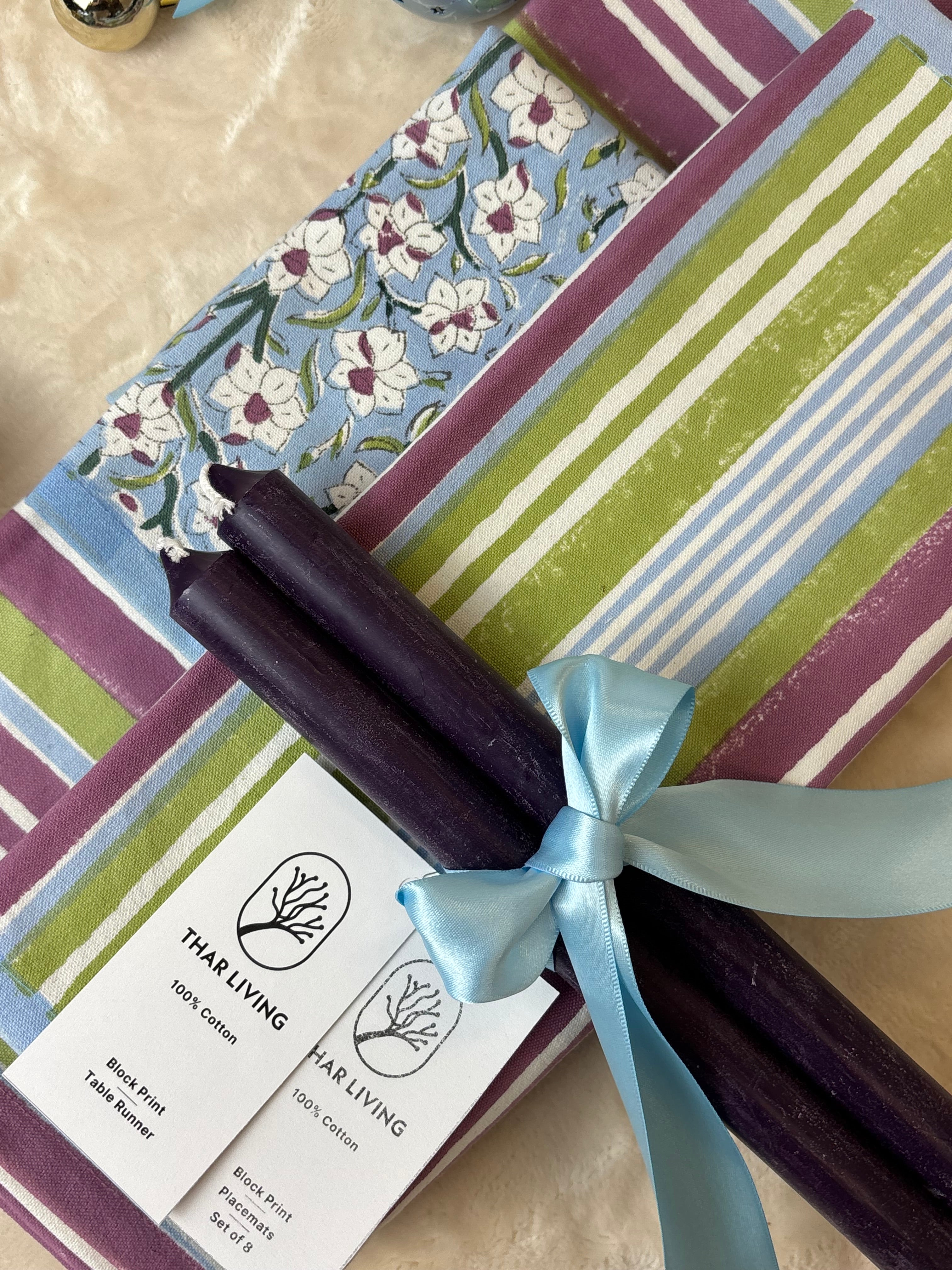 Nargis Holiday Gift Set – Hand Block Printed Striped Table Runner & 8 Placemats | Artisanal Gift under $120