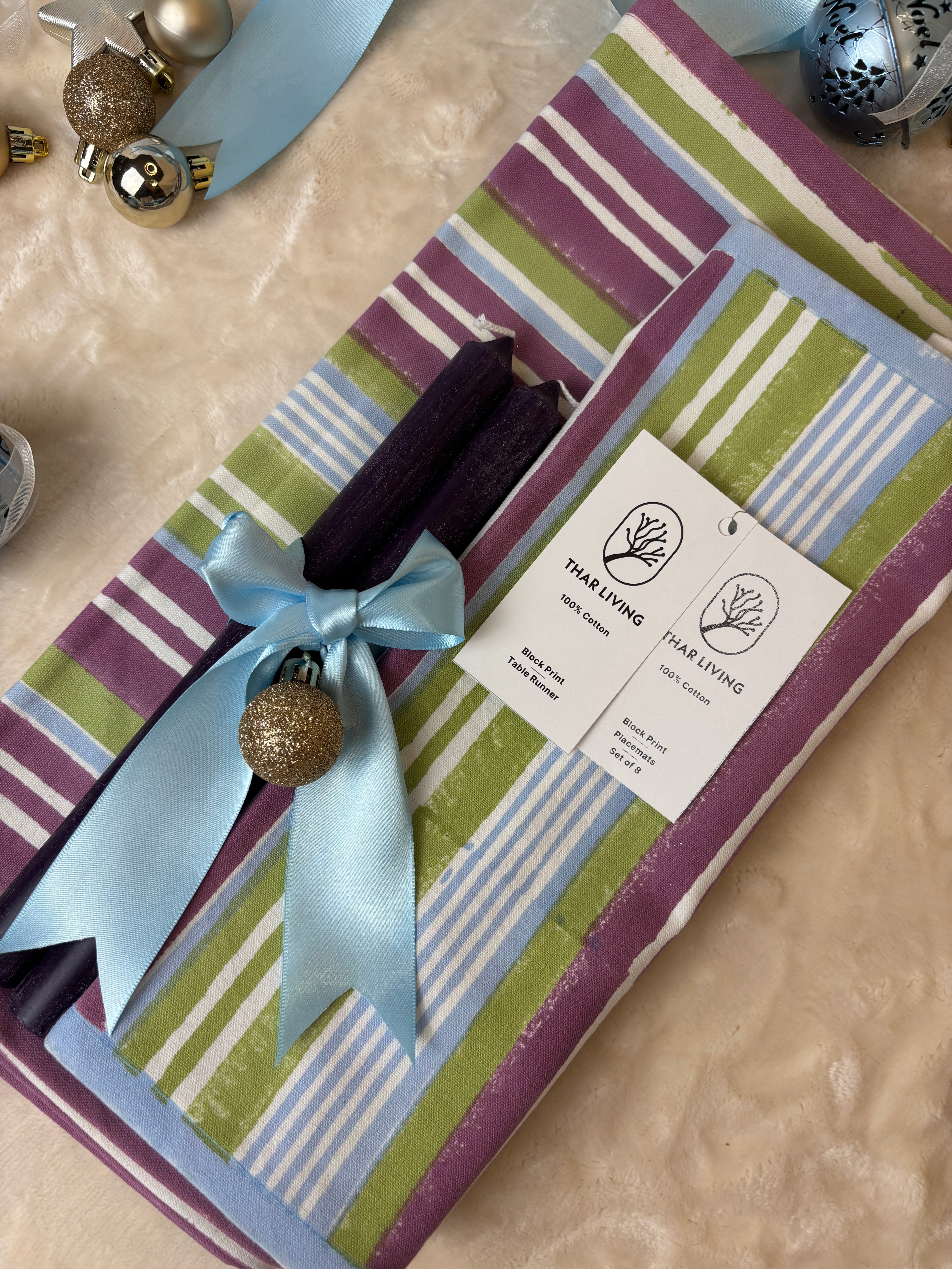 Nargis Holiday Gift Set – Hand Block Printed Table Runner & 8 Placemats | Artisanal Gift under $120