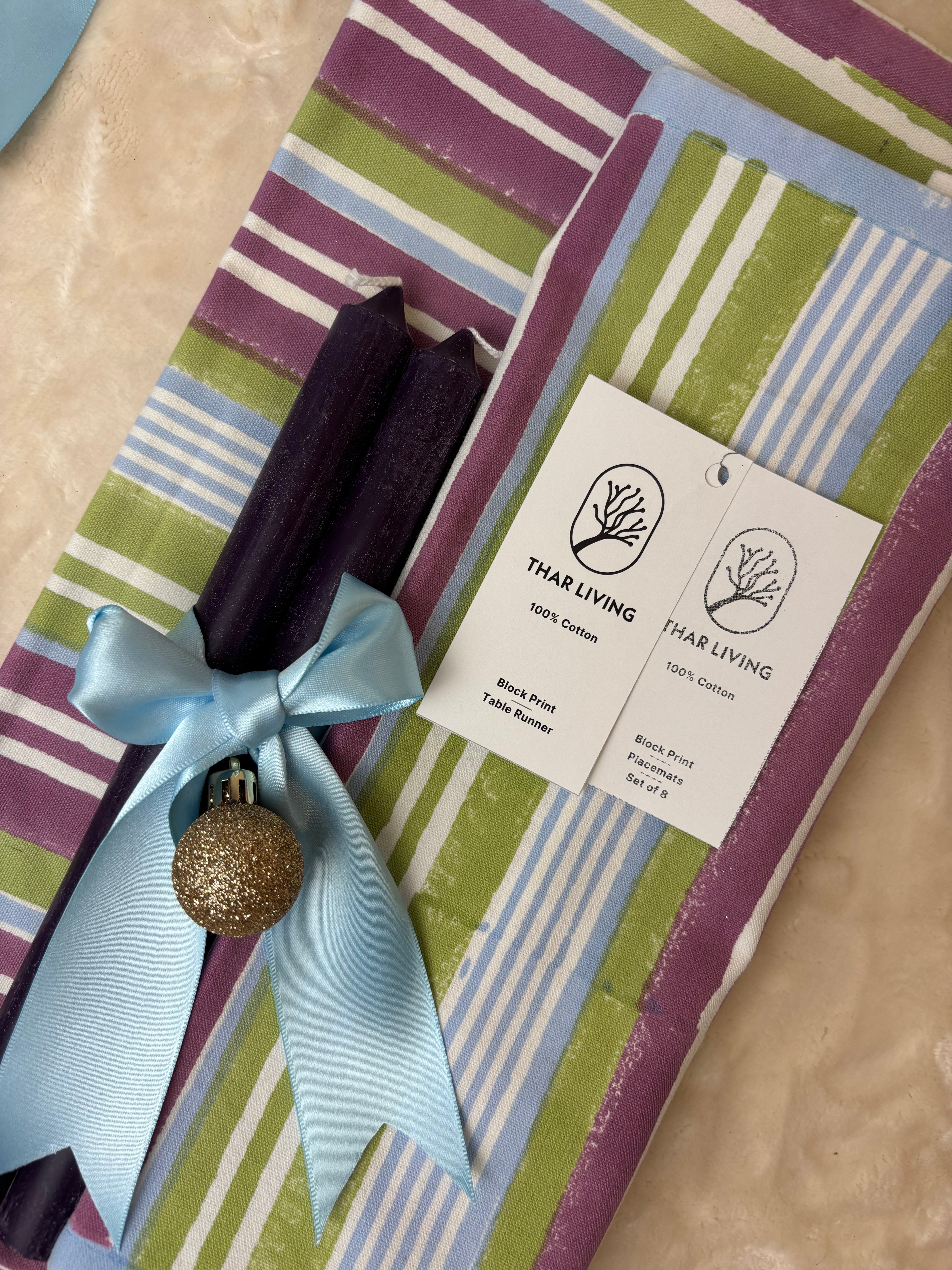 Nargis Holiday Gift Set – Hand Block Printed Table Runner & 8 Placemats | Artisanal Gift under $120