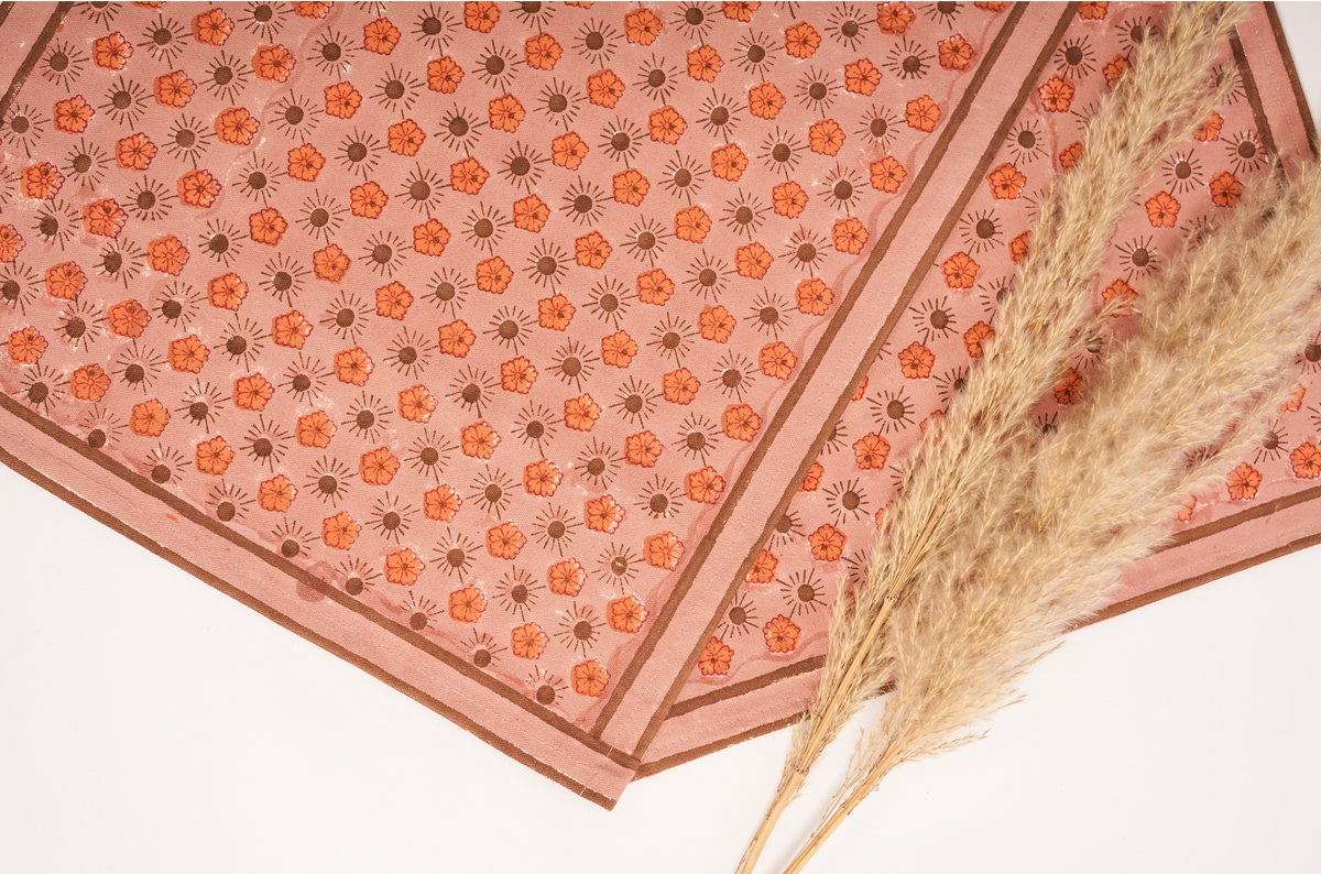 Flaxfield -  Hand Block-Printed Cotton Placemats Set of 4, Light Mahogany