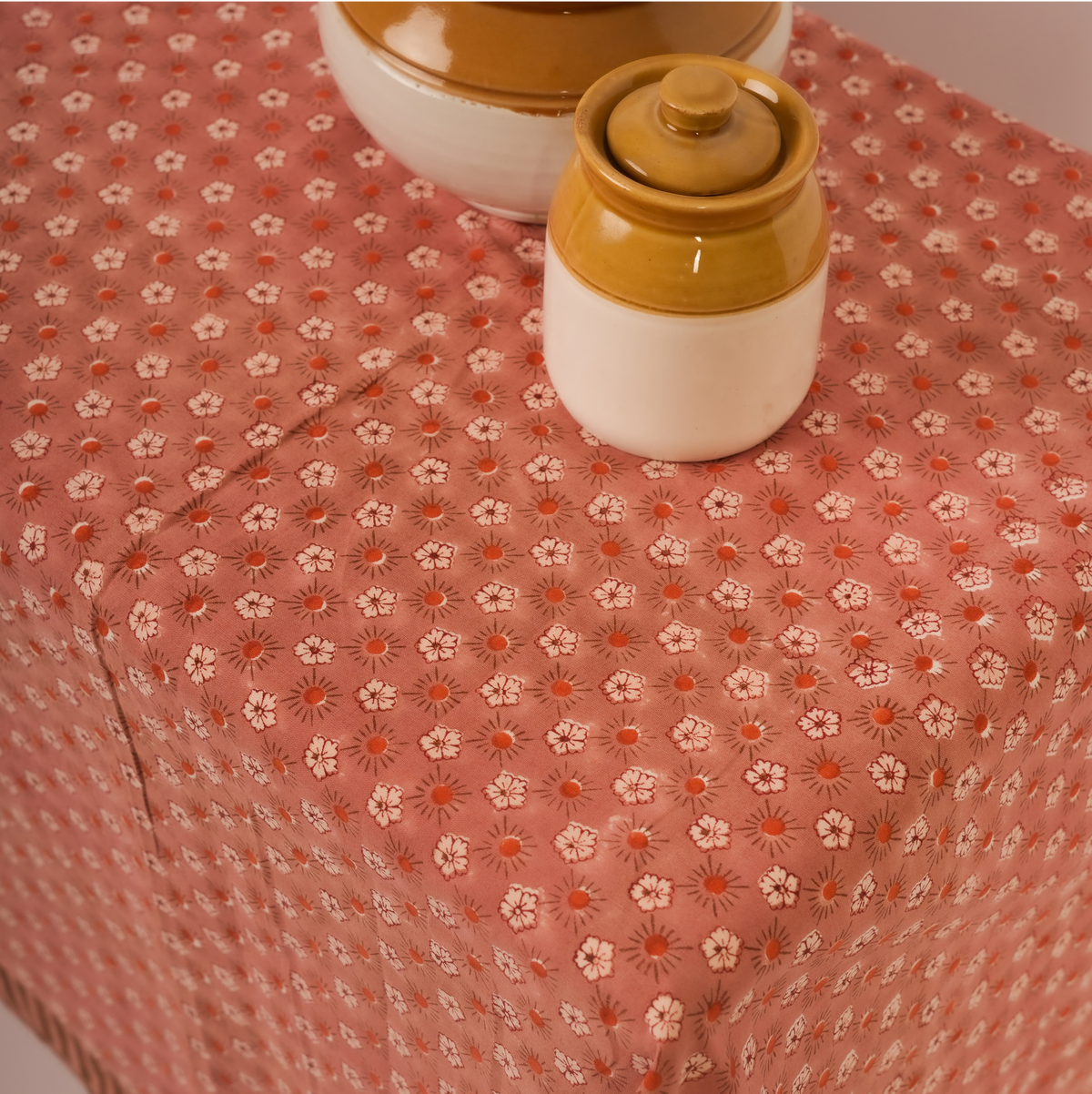 Flaxfield -  Hand Block-Printed Cotton Tablecloth, Light Mahogany