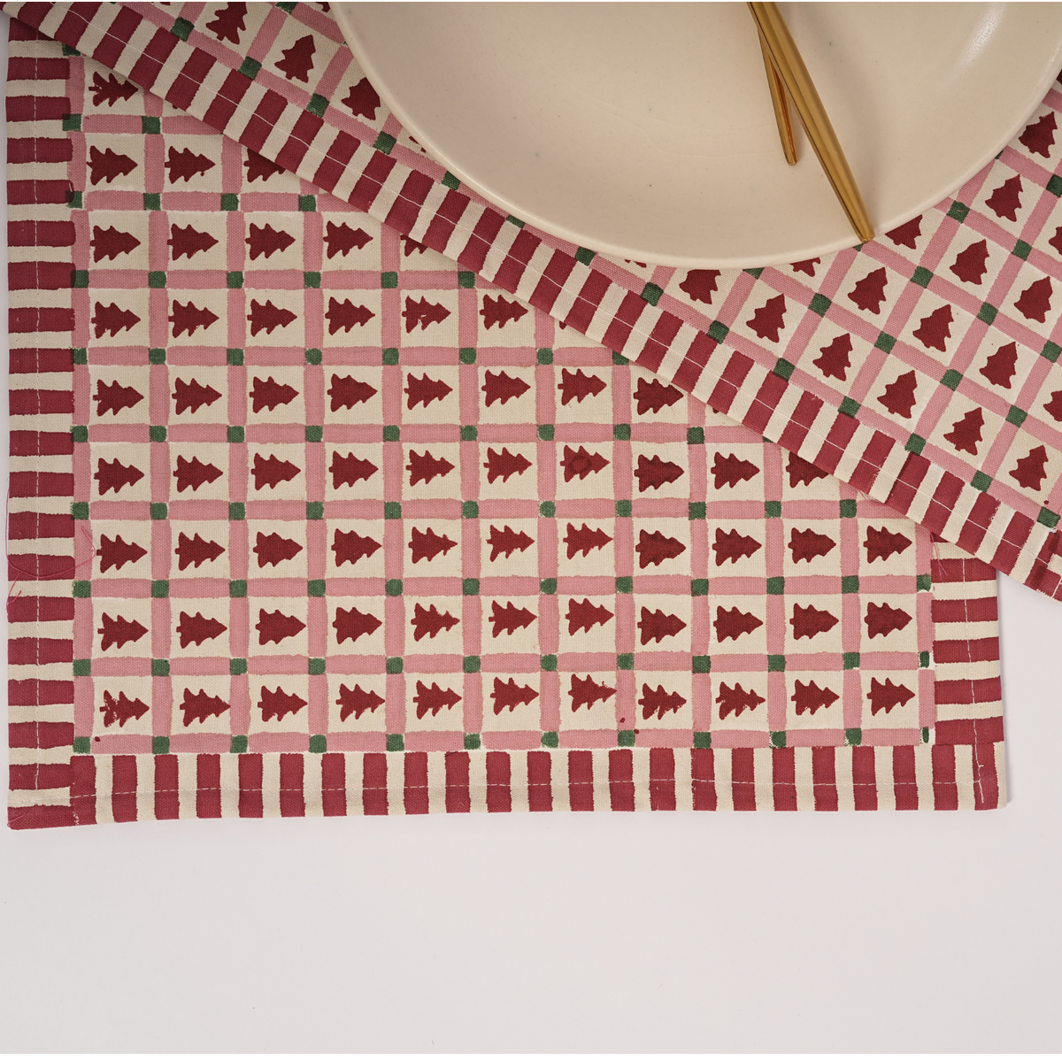 Merry Conifers -  Hand Block-Printed Cotton Placemats Set of 4, Red