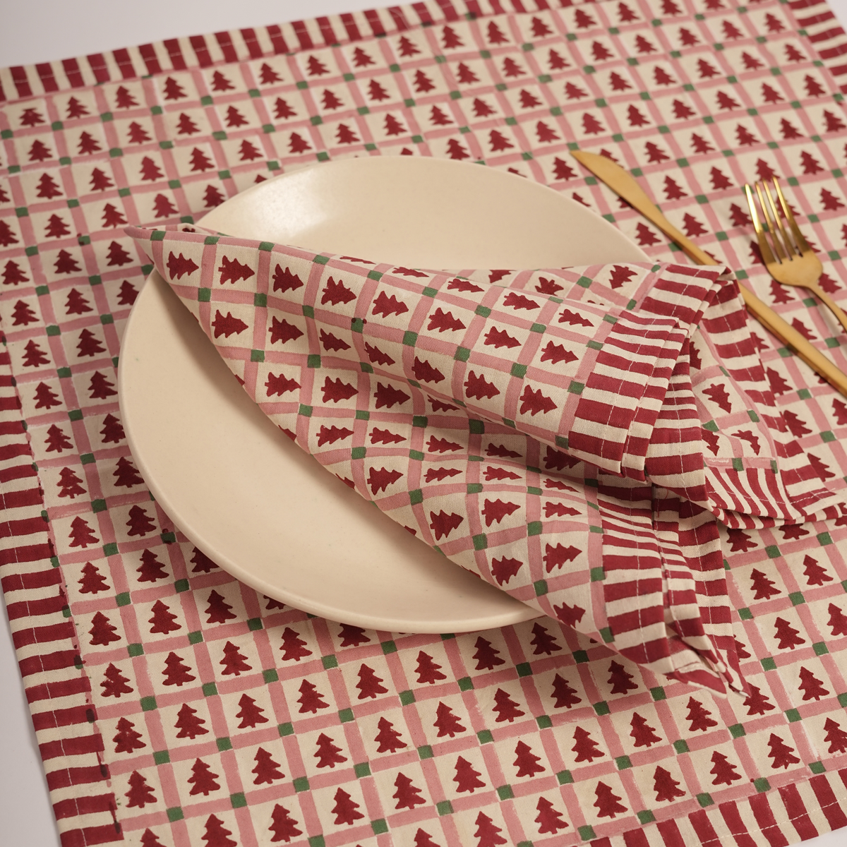 Merry Conifers -  Hand Block-Printed Cotton Napkins Set of 4, Red