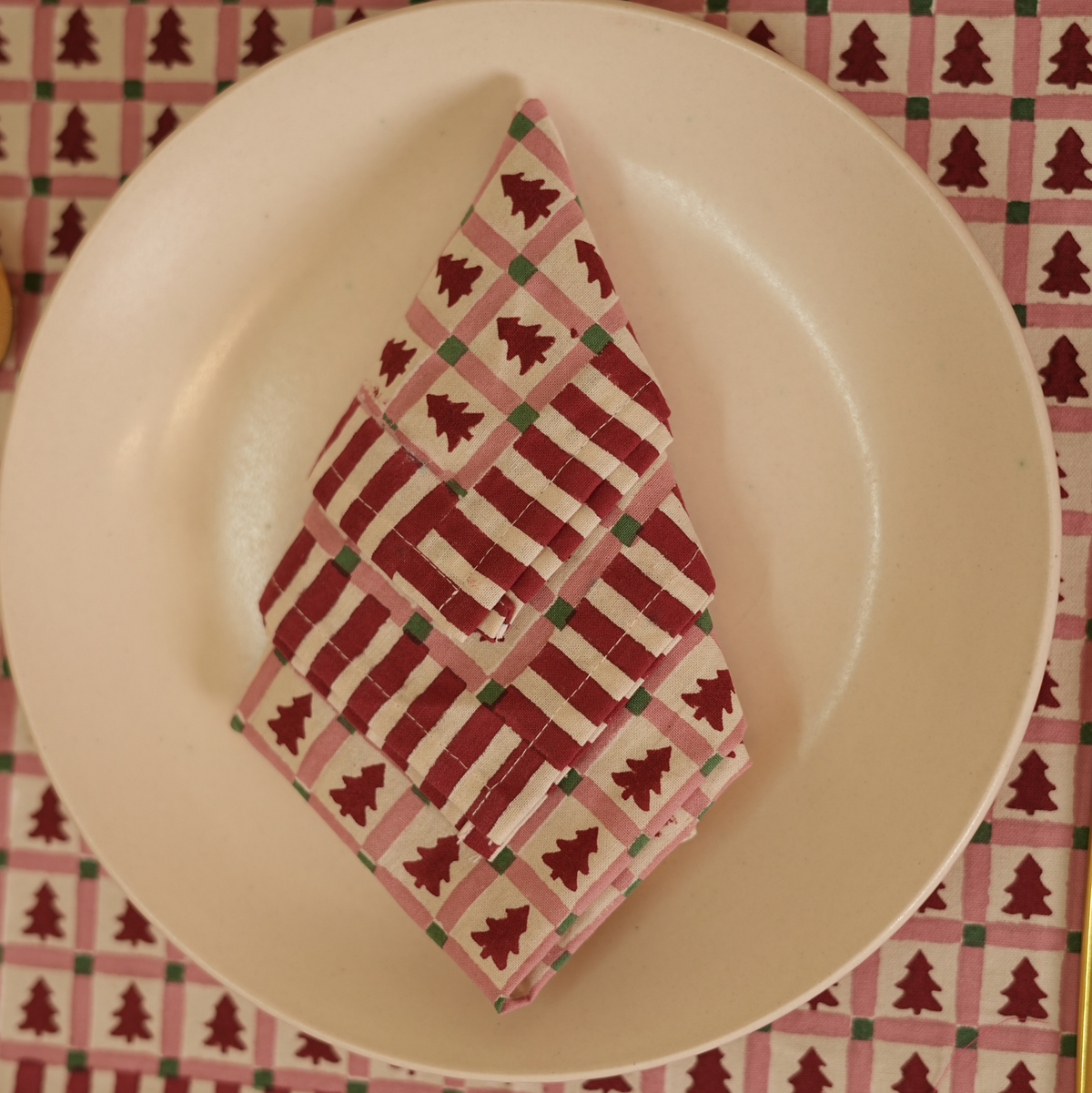 Merry Conifers -  Hand Block-Printed Cotton Napkins Set of 4, Red