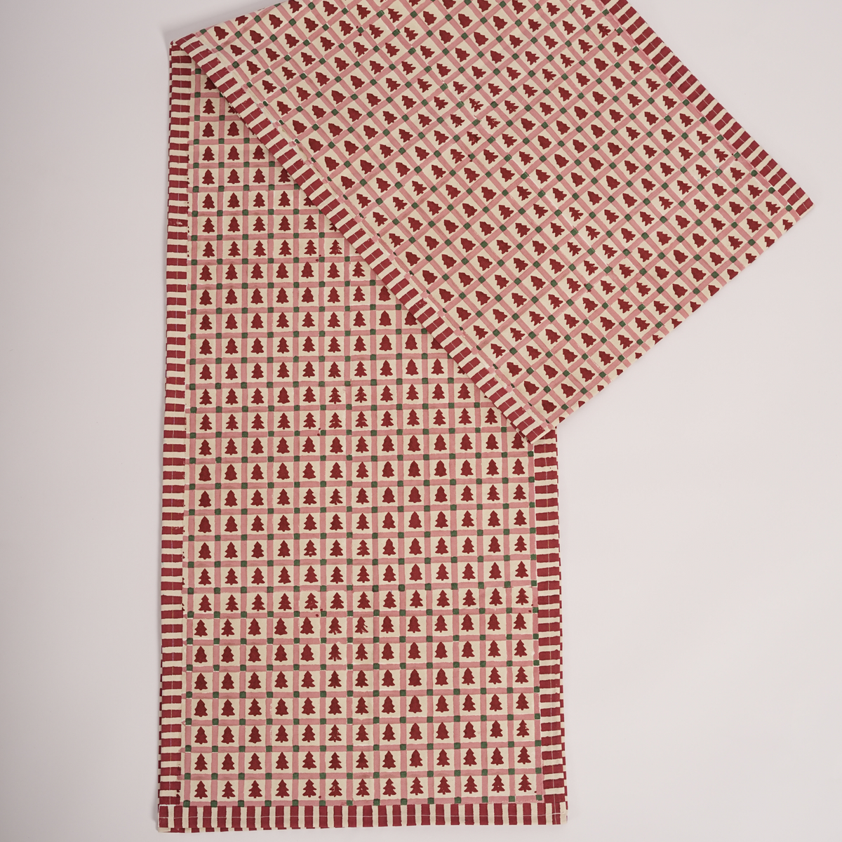 Merry Conifers -  Hand Block-Printed Cotton Table Runner, Red