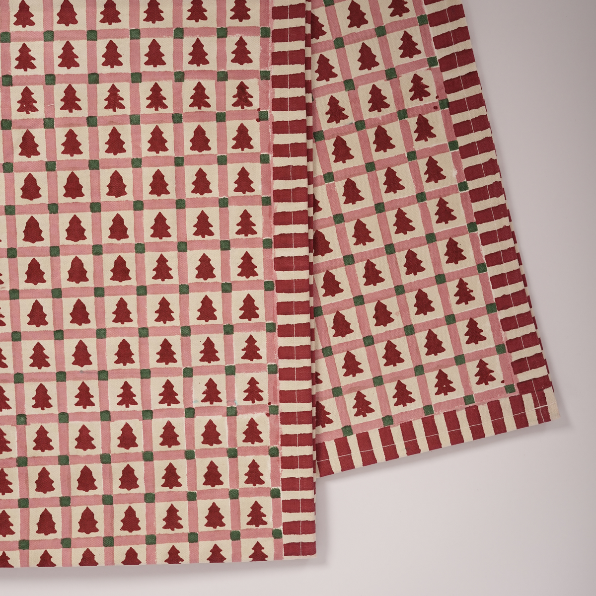 Merry Conifers -  Hand Block-Printed Cotton Table Runner, Red