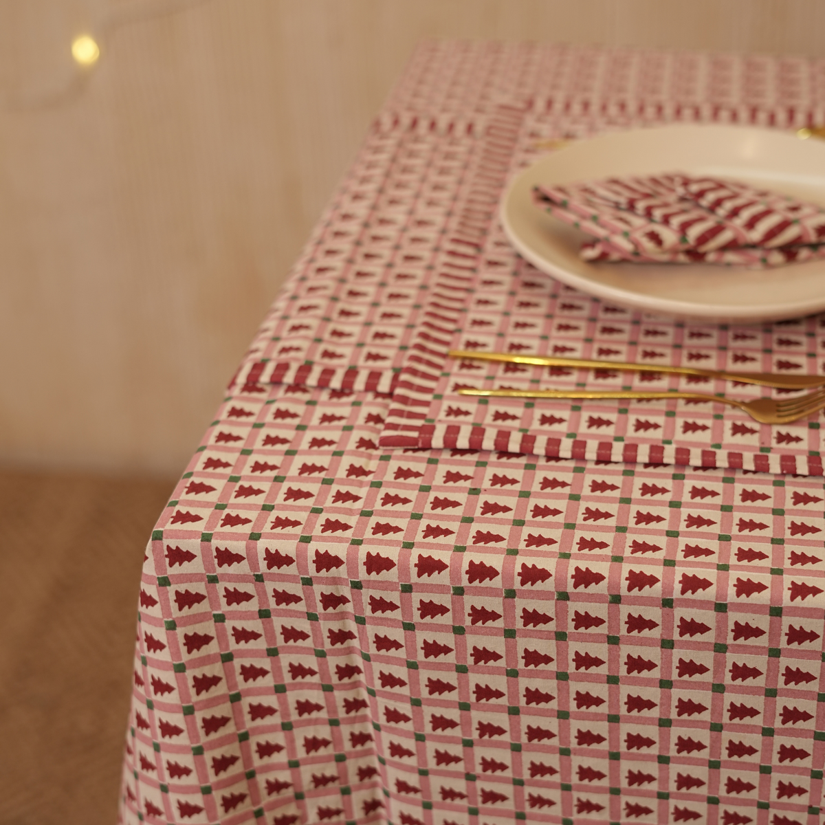 Merry Conifers -  Hand Block-Printed Cotton Tablecloth, Red