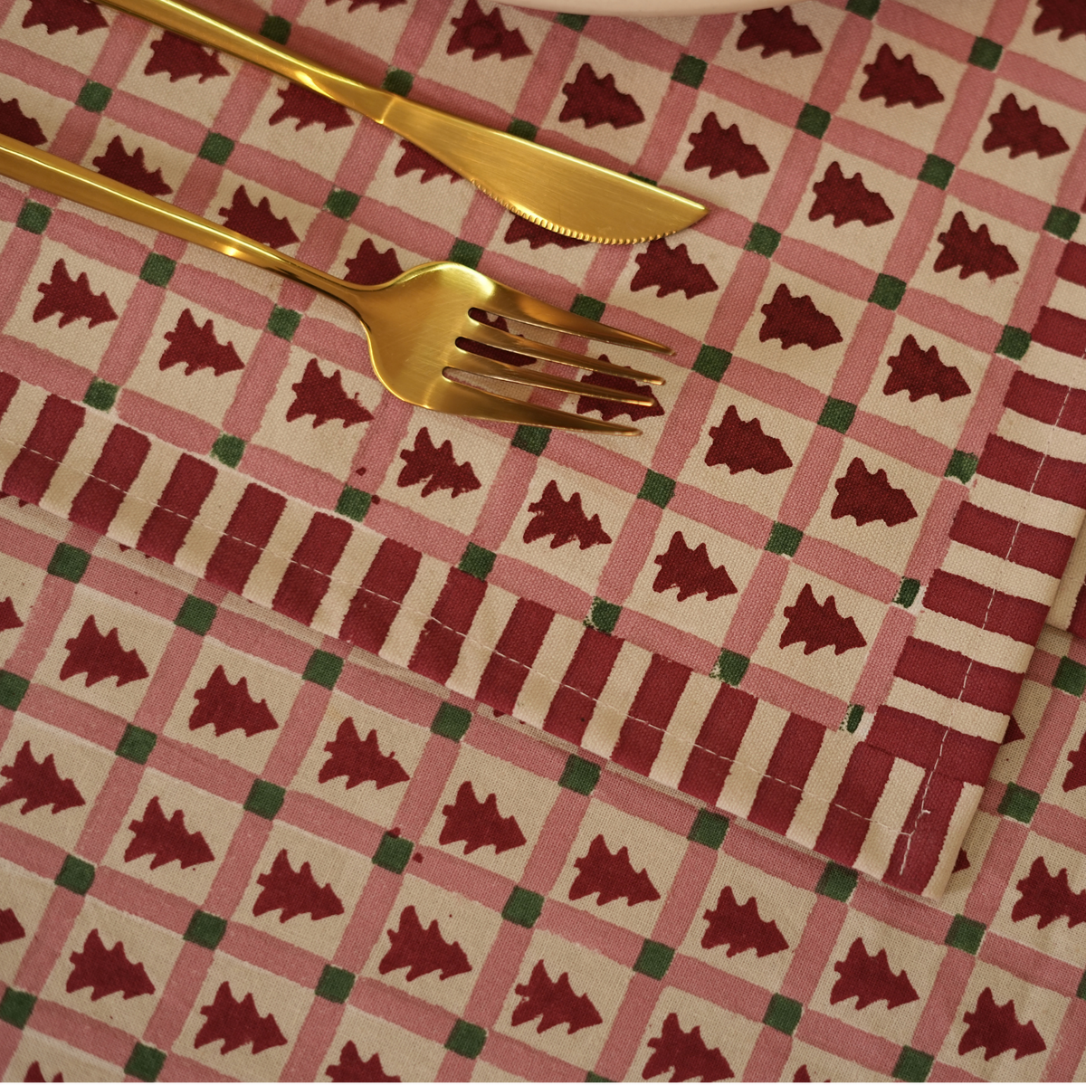 Merry Conifers -  Hand Block-Printed Cotton Tablecloth, Red