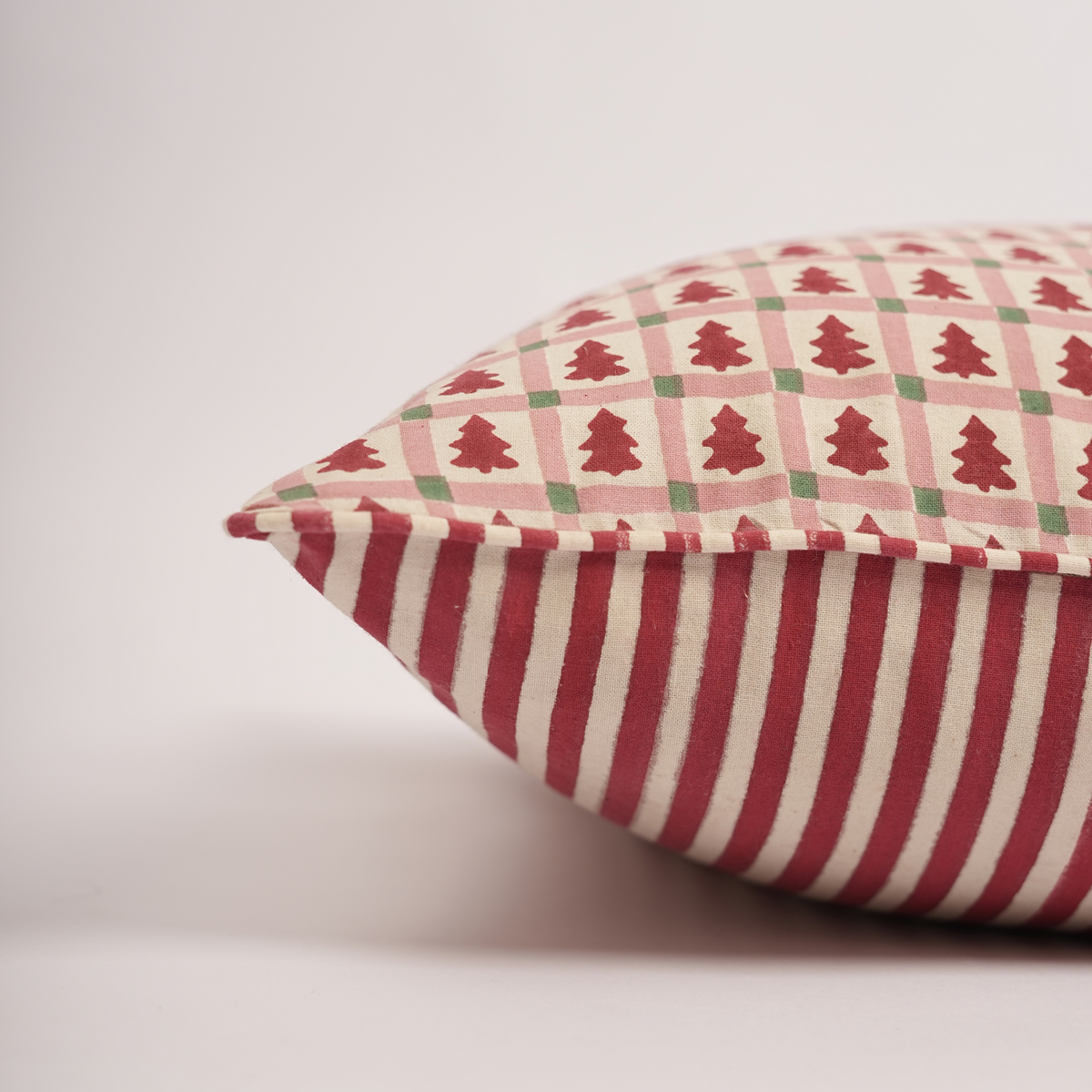 Merry Conifers -  Hand Block-Printed Cotton Pillowcase (Red)