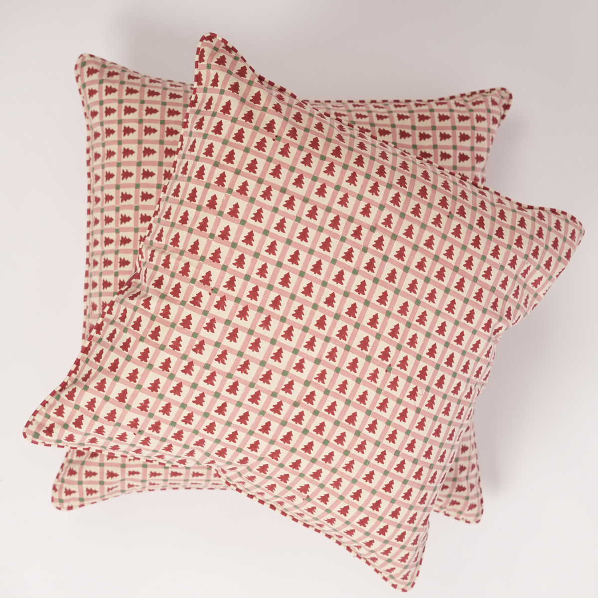 Merry Conifers -  Hand Block-Printed Cotton Pillowcase (Red)